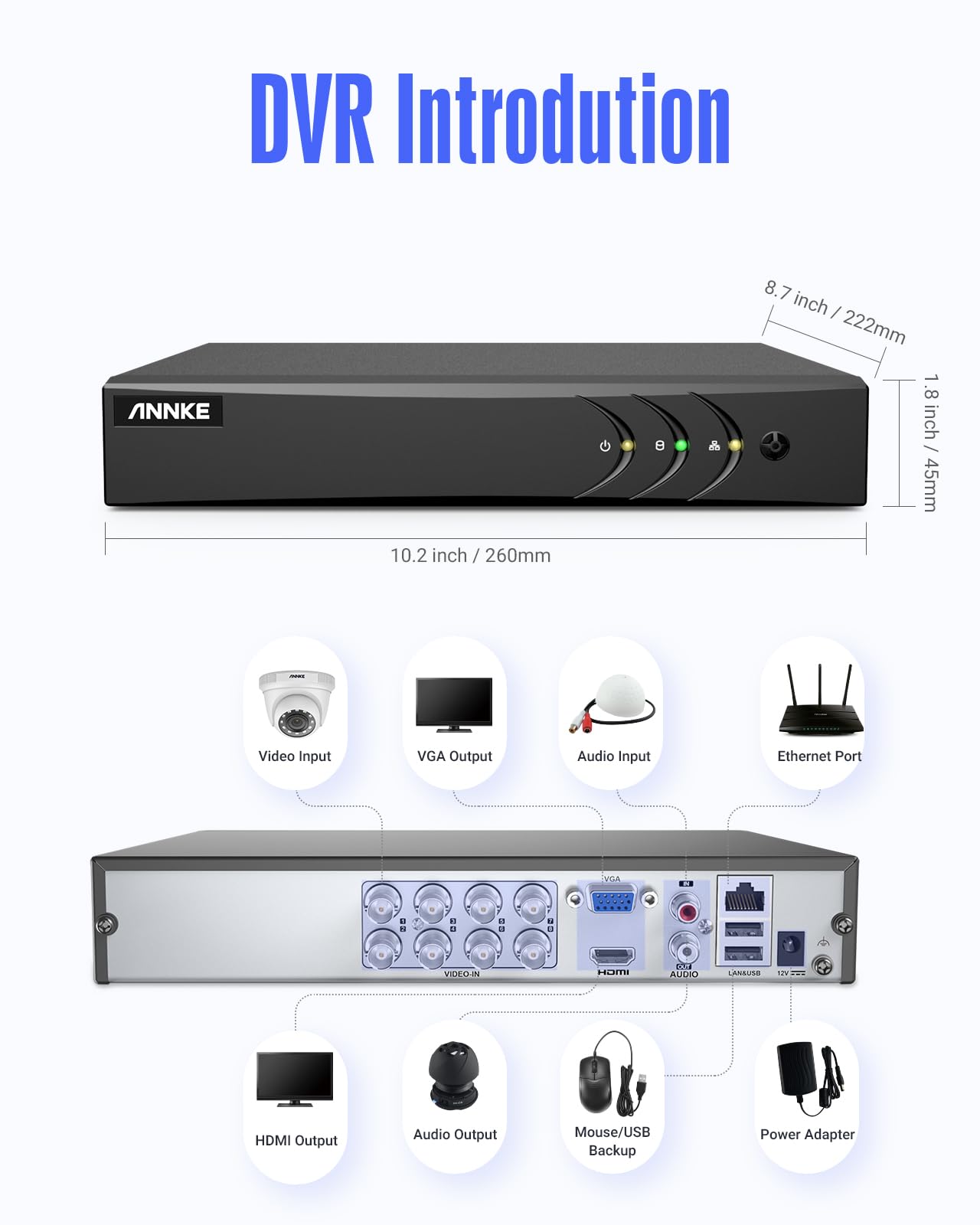 ANNKE 8-Channel 5MP Hybrid Security DVR System with 1TB HDD - H.265+ Surveillance Recorder for Home & Business CCTV - Supports 8 Analog & 2 IP Cameras, 24/7 Recording, Motion Detection - Ideal for Home Security, Office Monitoring & Retail Surveillance