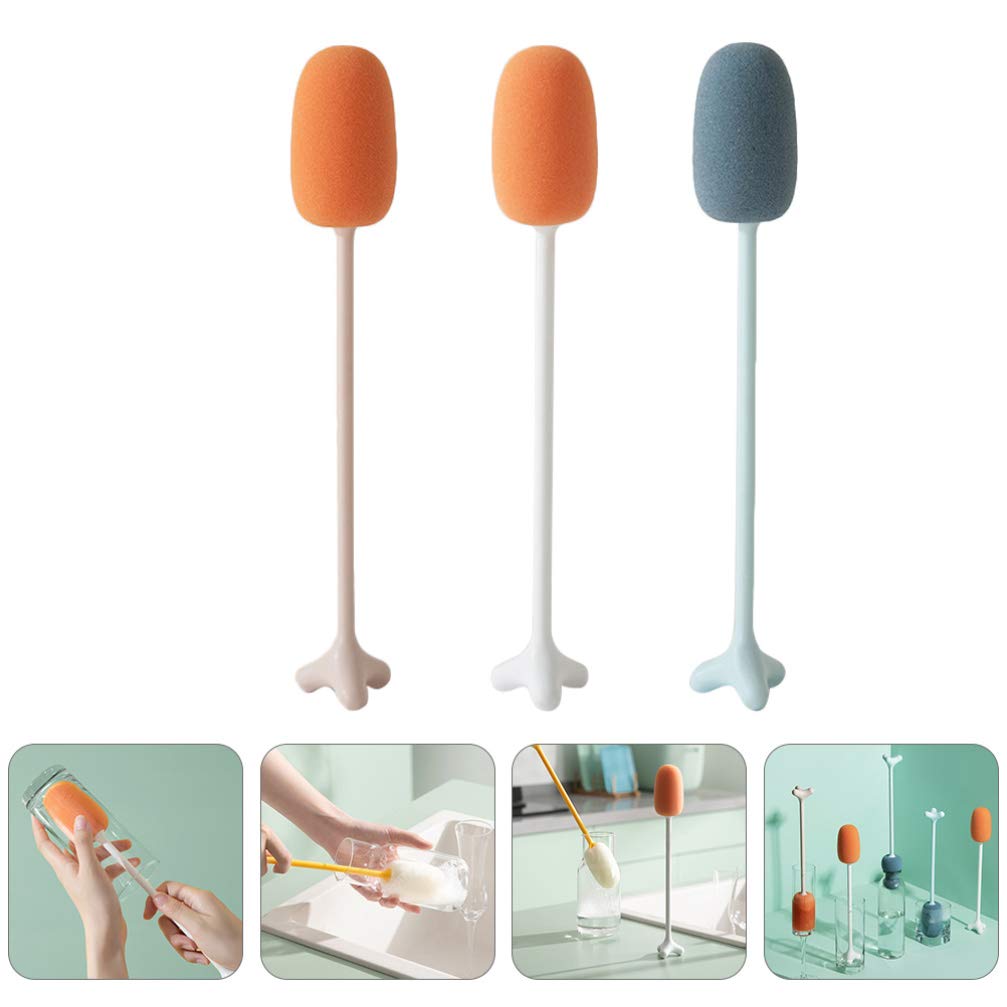 3-Pack Long Handle Cleaning Brushes for Cups, Glasses & Bottles - Durable Plastic Dishwashing Sponge Brushes for Kitchen, Home & Office Use