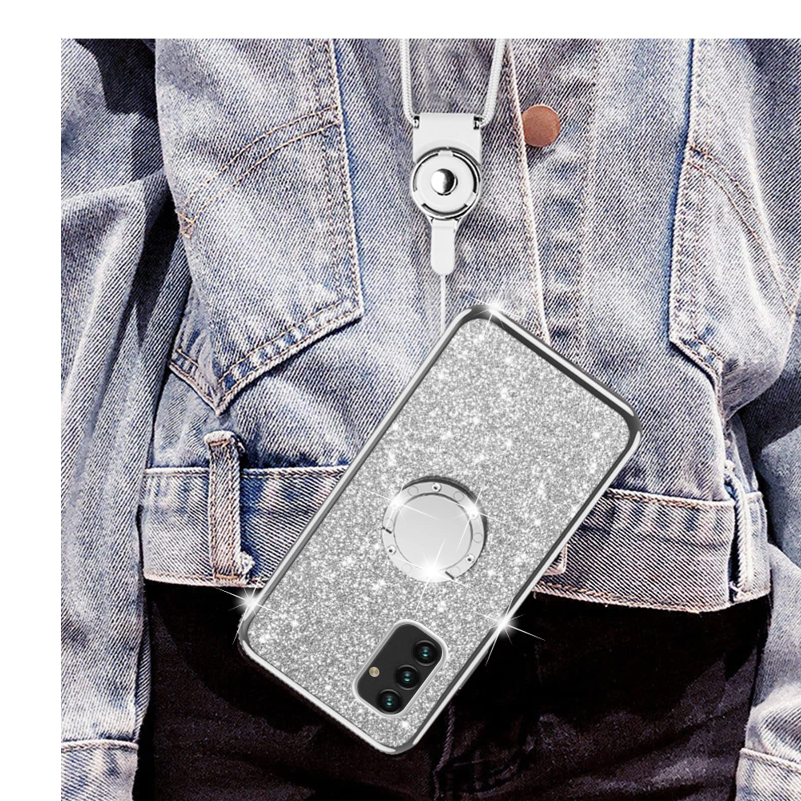 Samsung Galaxy A13 5G/4G Case - Cute Glitter TPU Silicone Cover with Ring Stand & Strap | Shockproof Full Body Protection | Perfect for Women & Girls | Ideal for Daily Use, Work & Travel - Silver