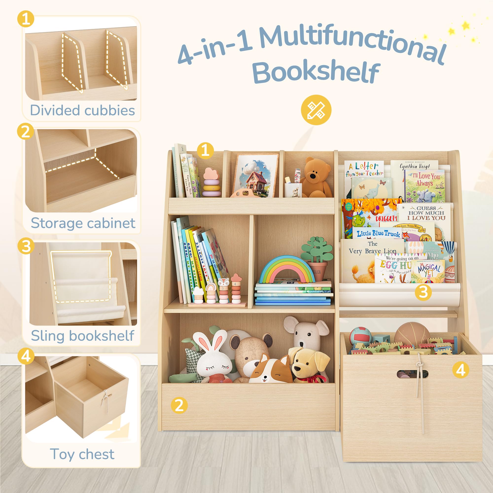 4 in 1 Kids Bookshelf and Toy Storage Organizer - 3-Tier Toy Organizer with Removable Bins, Toddler Book Shelf with Storage Cubbies for Nursery & Playroom - Perfect for Organizing Books, Toys & Learning Supplies in Kids Bedroom, Daycare or Classroom
