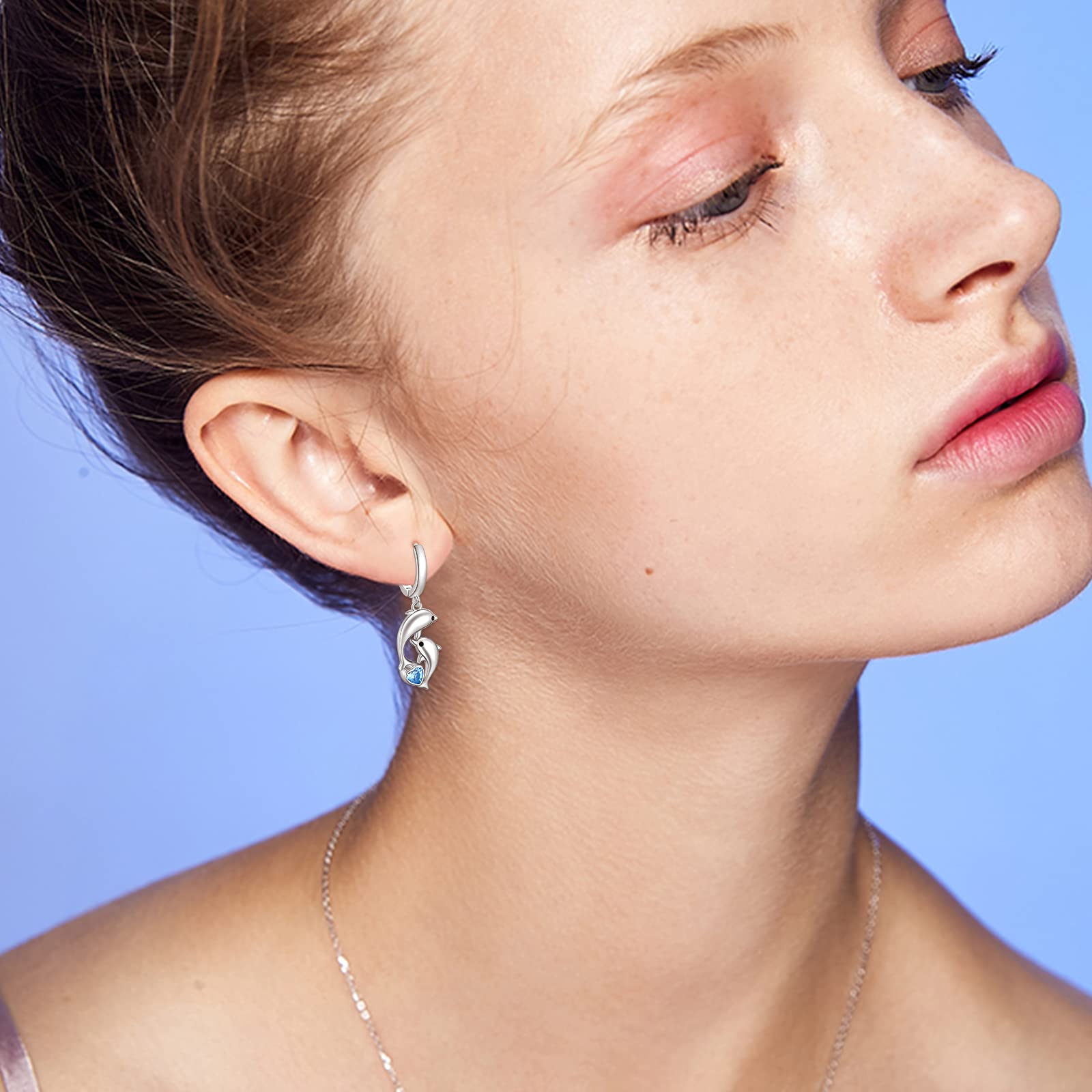 Women's Sterling Silver Dolphin Earrings with Blue Heart-Shaped Crystals – Hypoallergenic Hoop Drop Earrings for Sensitive Ears | Perfect Nautical Jewelry Gift for Best Friend, Ocean Lovers & Sailor Style Fashion