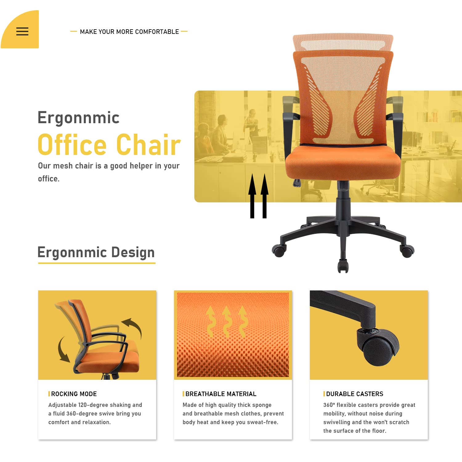 Ergonomic Mesh Office Chair with Lumbar Support - Mid Back Swivel Rolling Computer Desk Chair for Home & Office, Adjustable Armrests (Orange) - Perfect for Long Work Hours, Gaming & Study Sessions