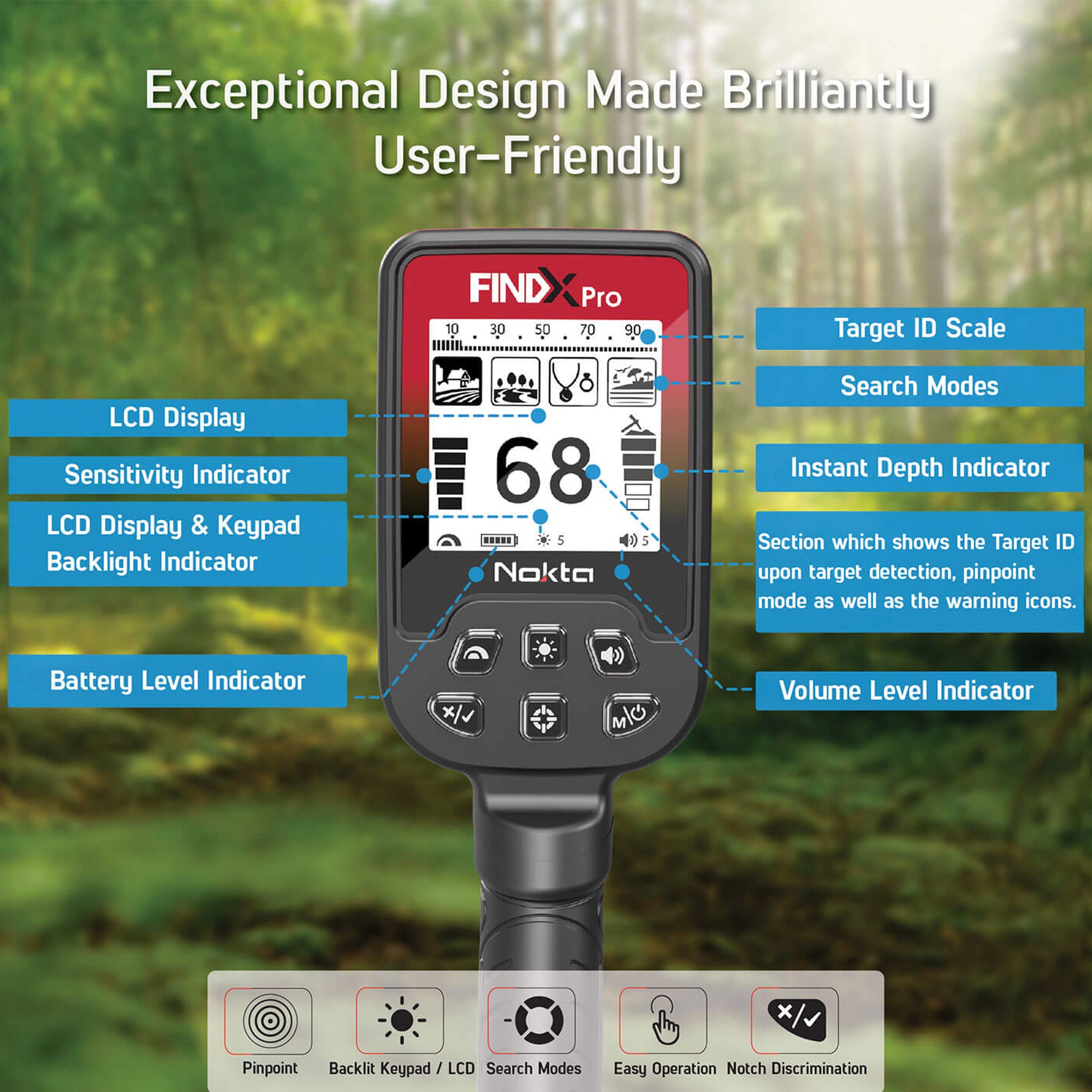 Nokta FINDX Pro Waterproof Metal Detector with LCD Display - Gold & Treasure Hunting for Beach, Park & Outdoor Adventures (Open Box)