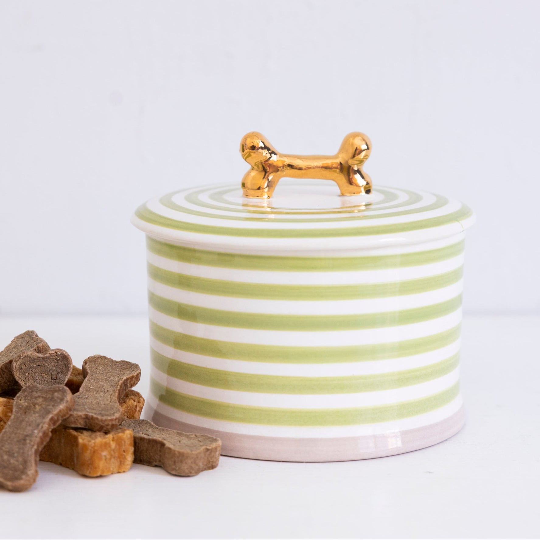 Jill Rosenwald X Polkadog Bone Jar Pear - Stylish Ceramic Pet Treat Storage Container for Dogs - Perfect for Kitchen Countertop or Pantry Organization