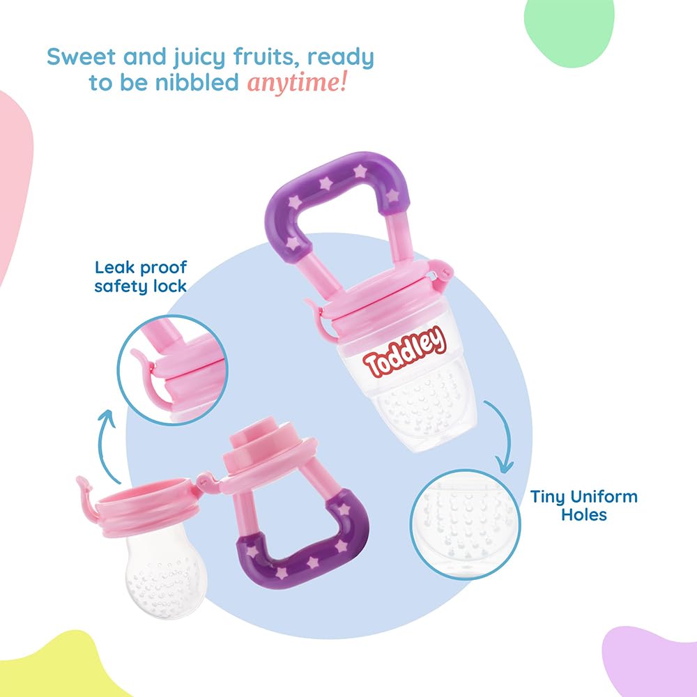 Toddley Silicone Baby Food and Fruit Feeder Combo Pack - Soft Pacifier Teether for Infants 6+ Months (2-Pack, Pink & Yellow) - Perfect for Purees, Teething Relief & On-the-Go Feeding