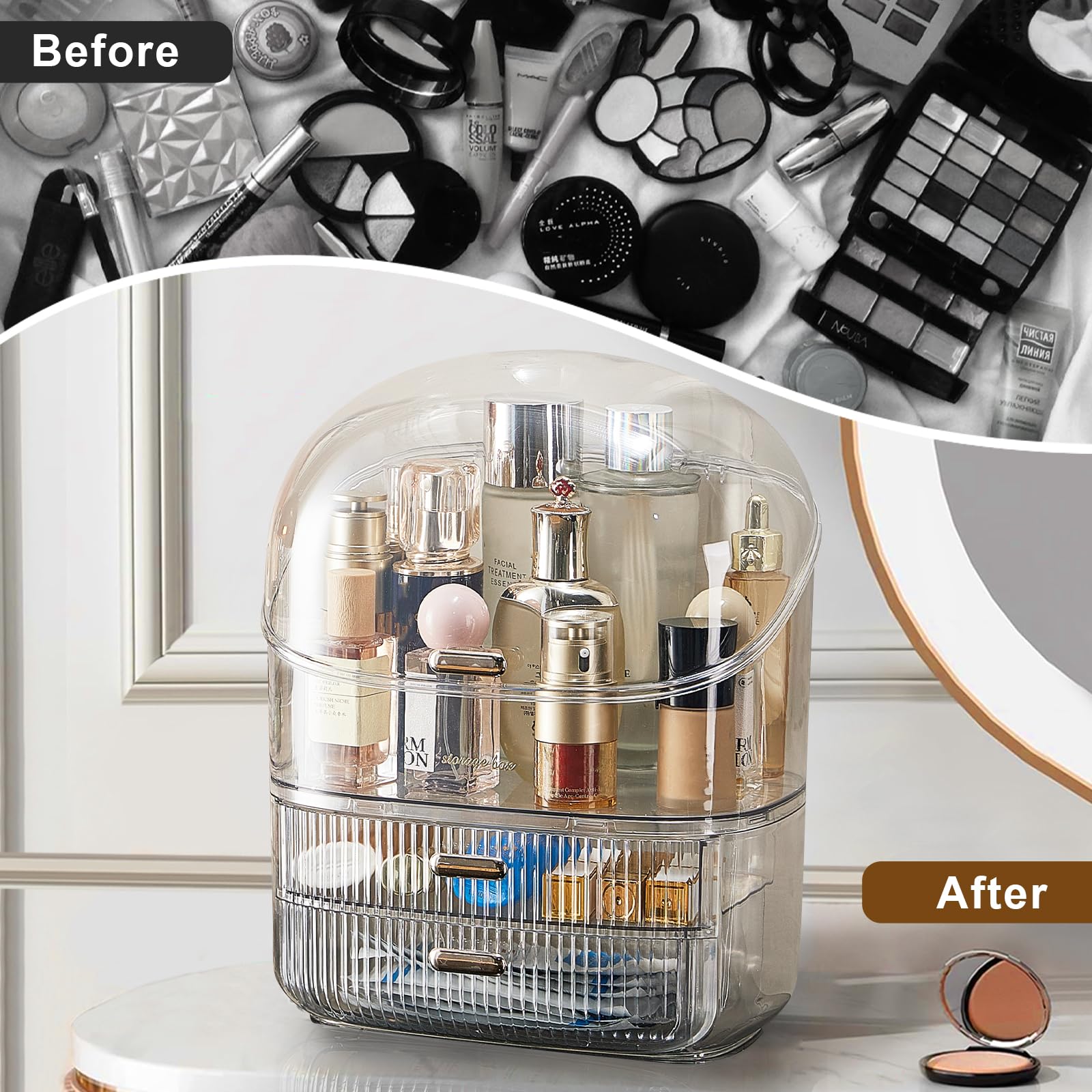 Clear Makeup Organizer with Transparent Cover & 2 Drawers - Cosmetic Storage Box for Lipstick, Brushes, Lotion | Vanity Countertop Organizer for Skin Care & Beauty Products | Perfect for Bedroom, Bathroom & Travel