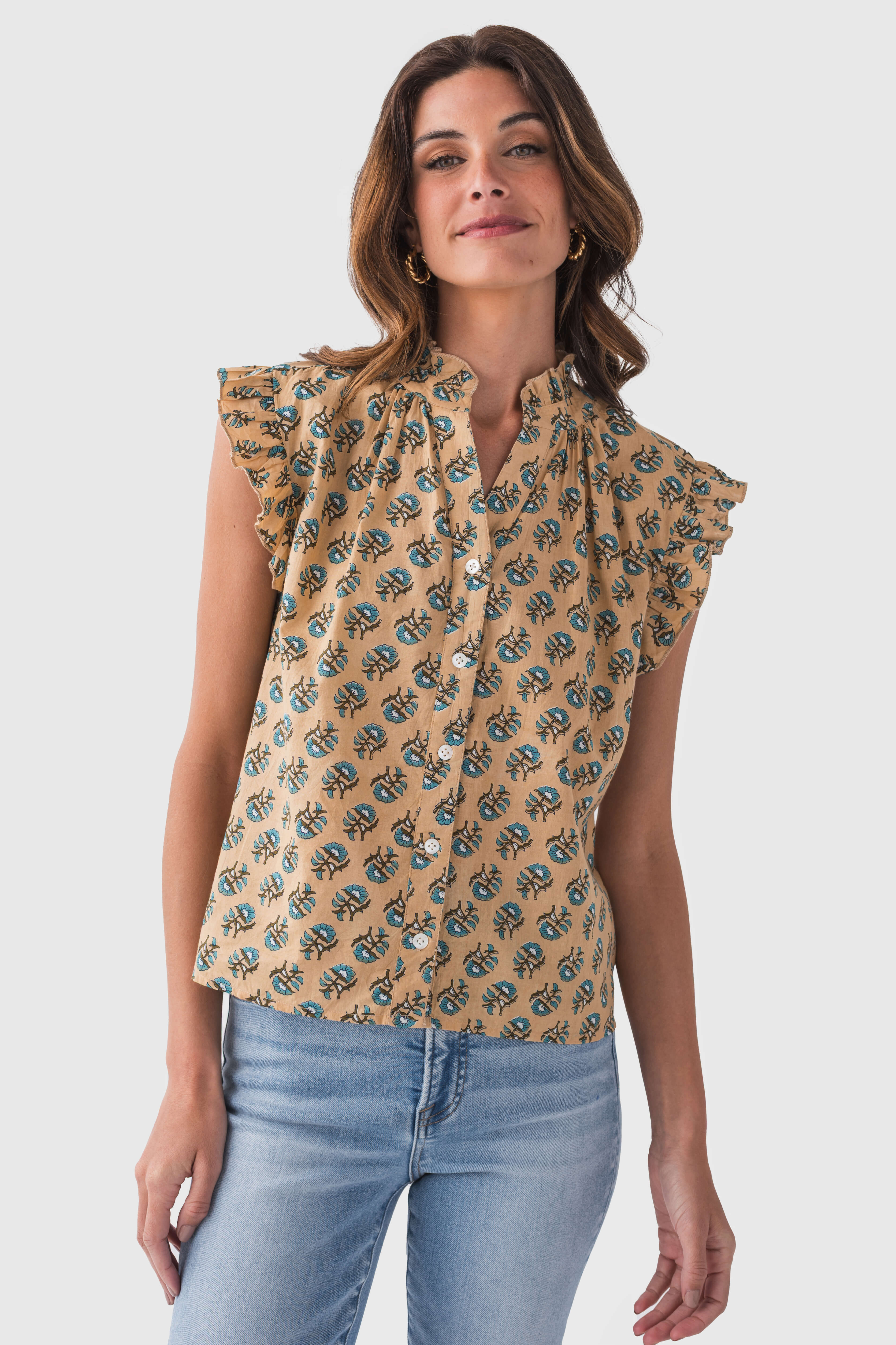 THML Small Block Print Button Front Top - Stylish Casual Blouse for Women | Perfect for Office, Dating & Everyday Wear