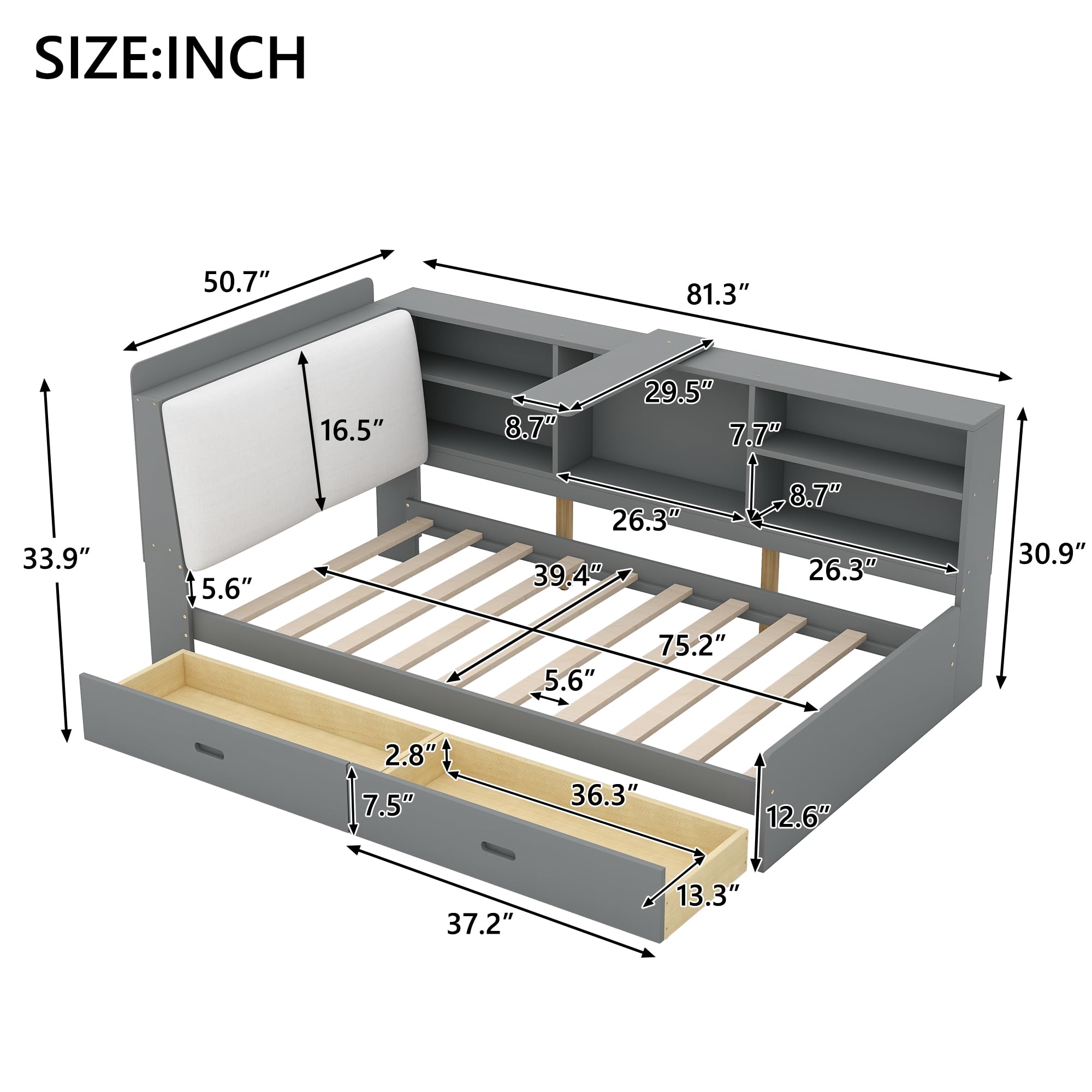 Harper & Bright Designs Twin Platform Bed with Storage Headboard, Shelves & 2 Drawers - Wooden Twin Storage Bed Frame with L-Shaped Bookcase, Gray - Perfect for Kids' Bedroom, Guest Room & Small Space Organization