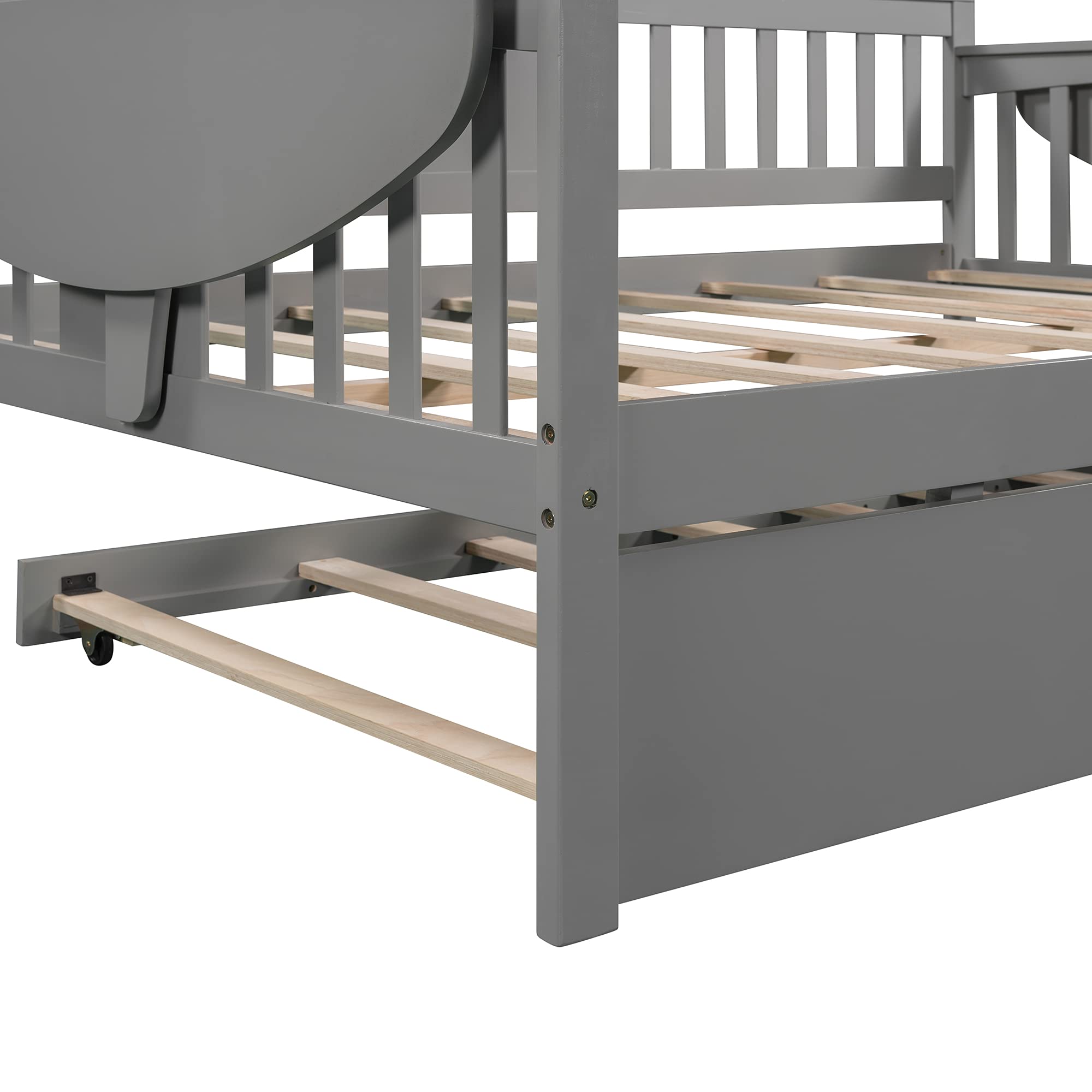 **Solid Wood Daybed with 2 Folding Tables & Trundle - Full-Size Bed Frame for Kids, Teens & Guest Rooms - Multi-Functional Convertible Sofa Bed - No Box Spring Needed - Perfect for Small Spaces, Sleepovers & Home Offices**
