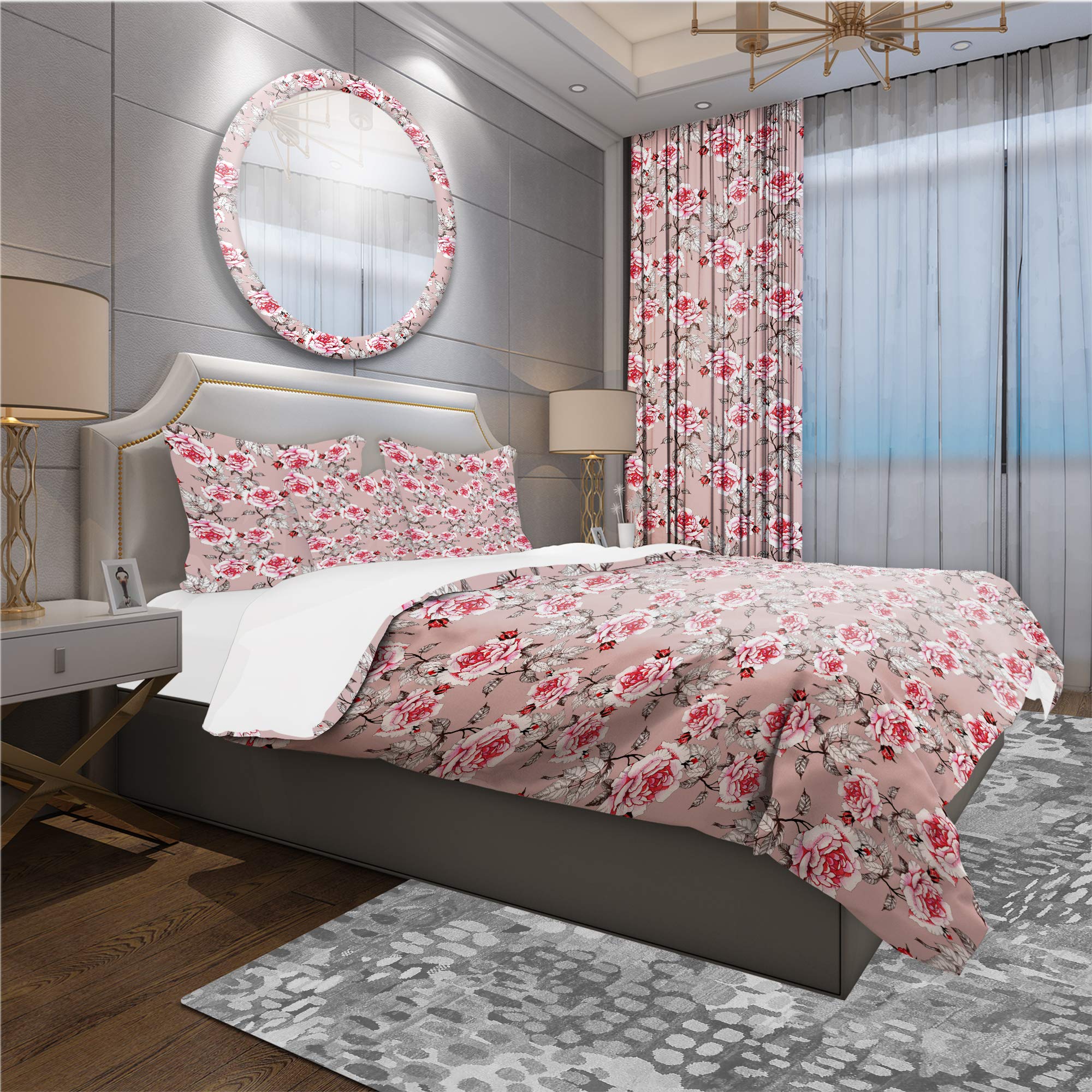 DesignQ Red Rose Pink Background Nautical Coastal Duvet Cover Set - King Size Floral Bedding 3-Piece All Season Comforter Set | Perfect for Beach House, Coastal Decor & Master Bedroom