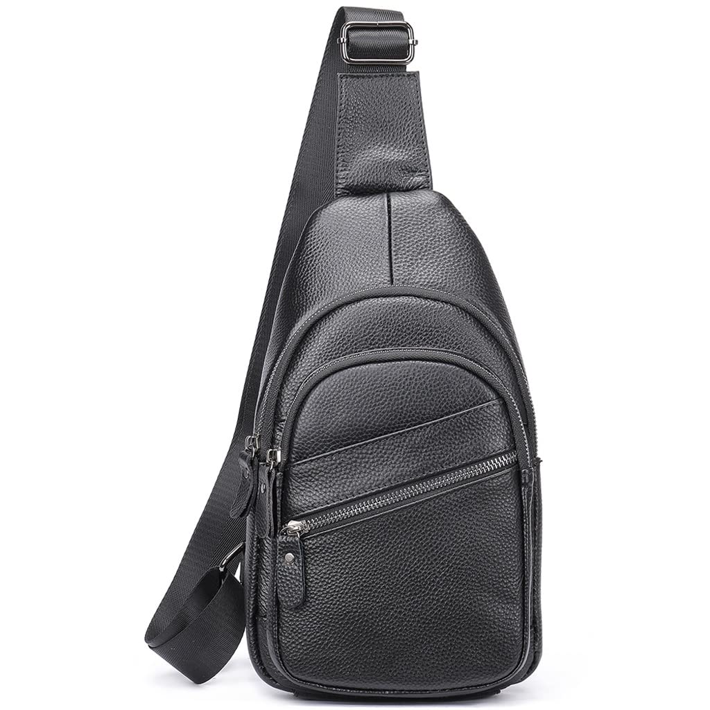 Premium Genuine Leather Sling Bag for Men - Sporty Chest Shoulder Bag - Black Crossbody Travel Pack | Perfect for Gym, Hiking & Daily Commute
