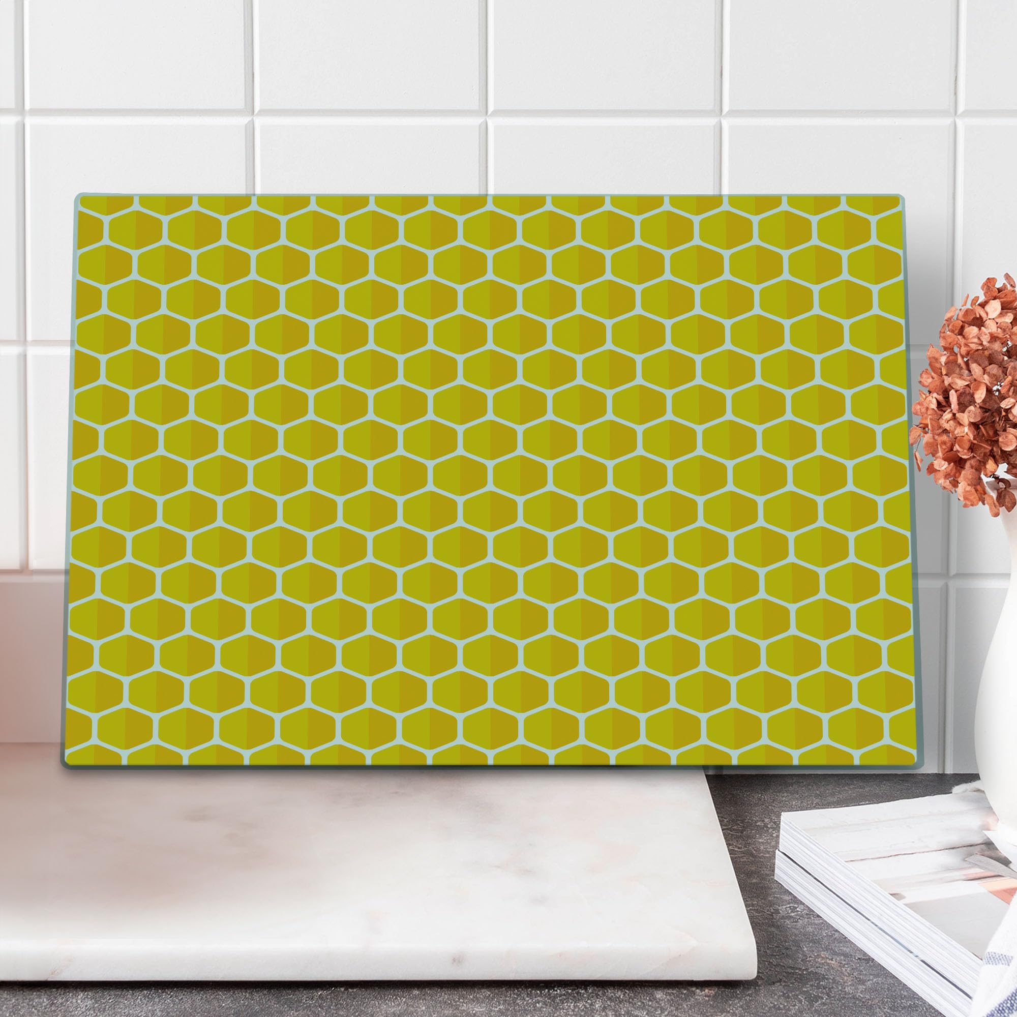 Ambesonne Bee Cutting Board - Honeycomb Glass Serving Board for Kitchen & Dining