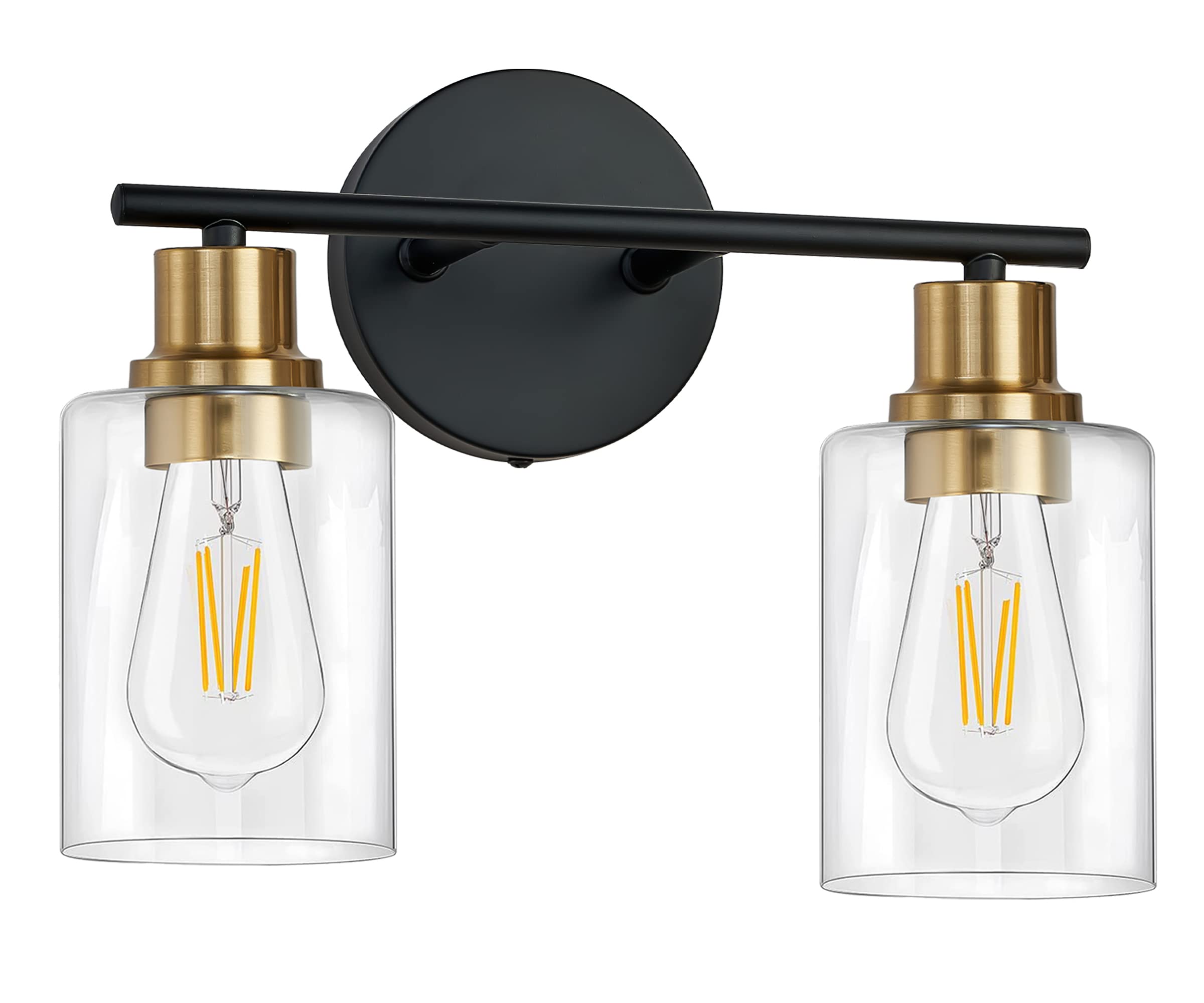 Vintage Black & Gold 2-Light Bathroom Vanity Fixture with Glass Shade - Wall Sconce Lighting for Bathroom, Bedroom, Living Room, Hallway & Porch - Elegant Home Decor Lighting Solution