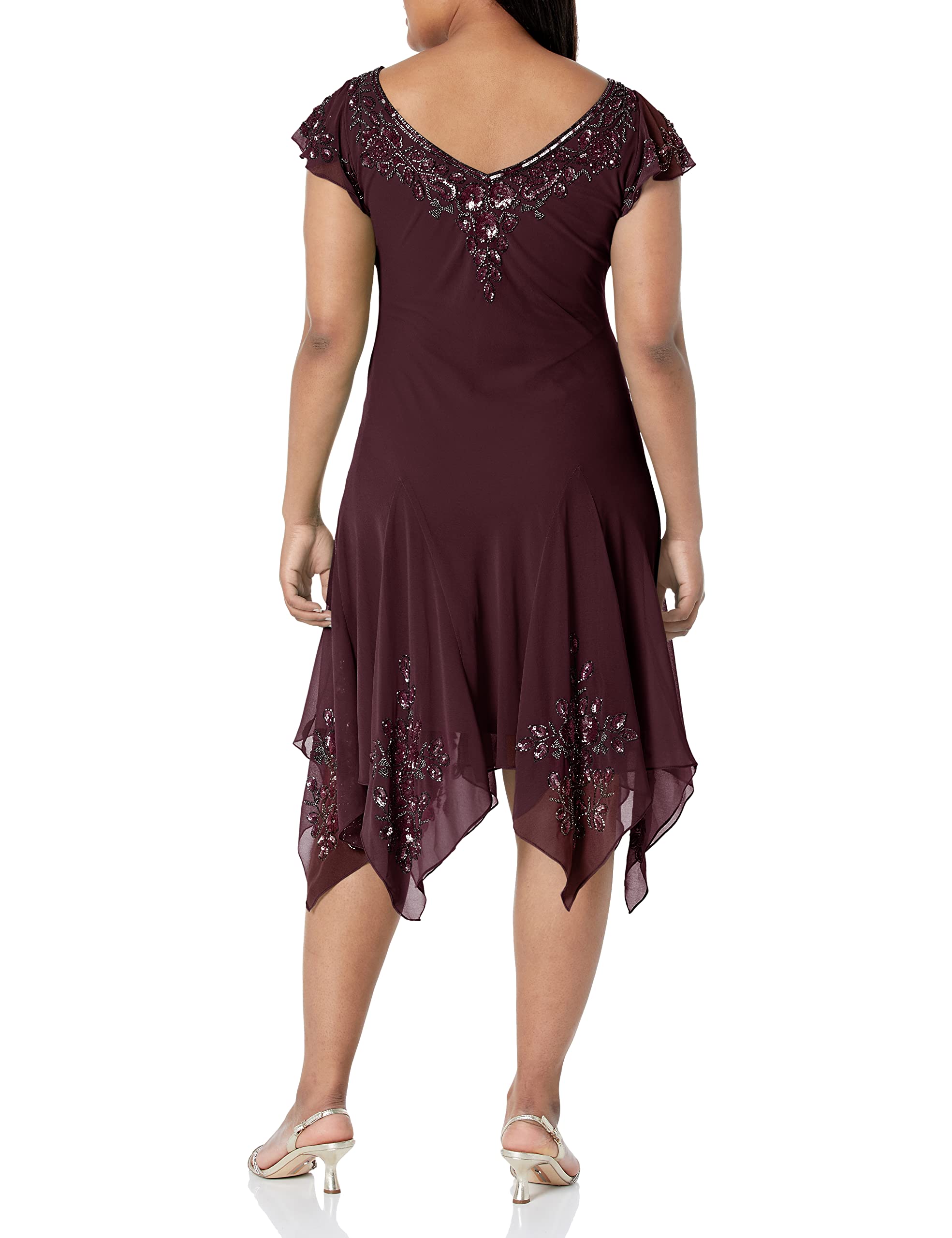 J Kara Women's Plus Size Petite Flutter Sleeve Hanky Hem Cocktail Dress with Beaded Details - Elegant Party Wear for Weddings, Dinners & Special Occasions