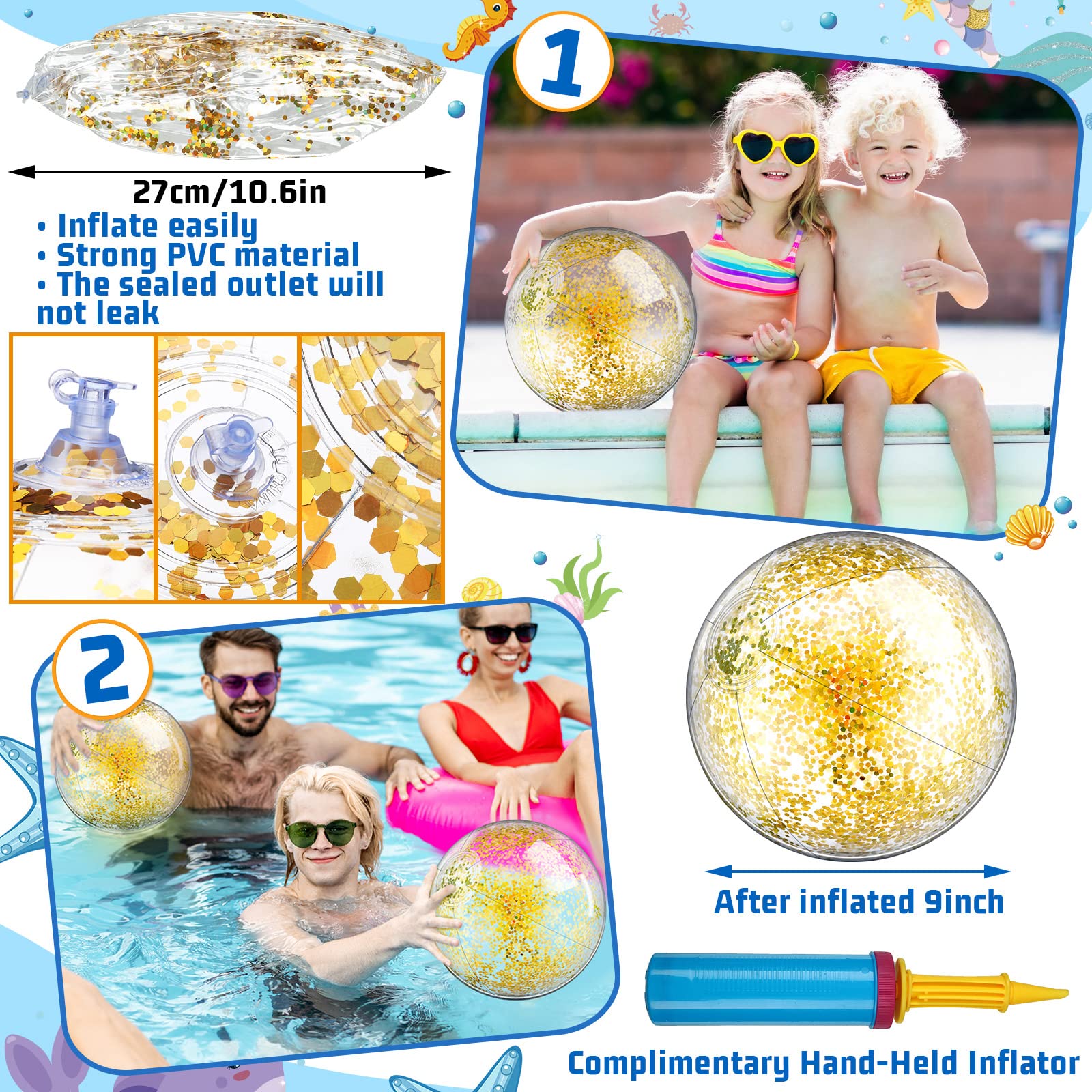 16 Pack LED Light Up Beach Balls - 9 Inch Glow in The Dark Pool Toys with Confetti Glitters for Summer Parties, Beach Games & Night Pool Fun - Bulk Inflatable Party Favors for Teens & Adults (Yellow)
