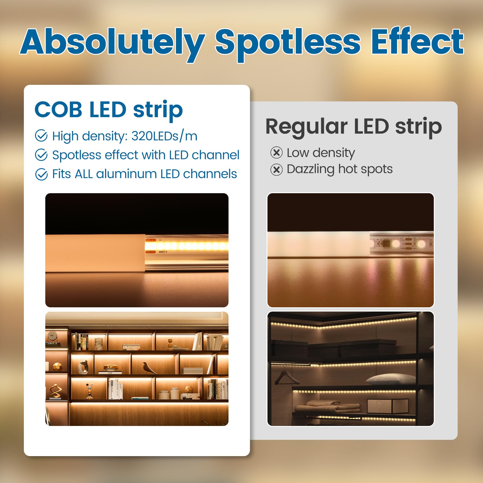 5M COB LED Strip Lights Warm White 16.4FT - 6Pack 3.3ft U-Shaped Black Aluminum Channel System with 60° Curved Milky White Cover - Perfect for Kitchen Under Cabinet Lighting, Bedroom Ambience, and Commercial Display Lighting