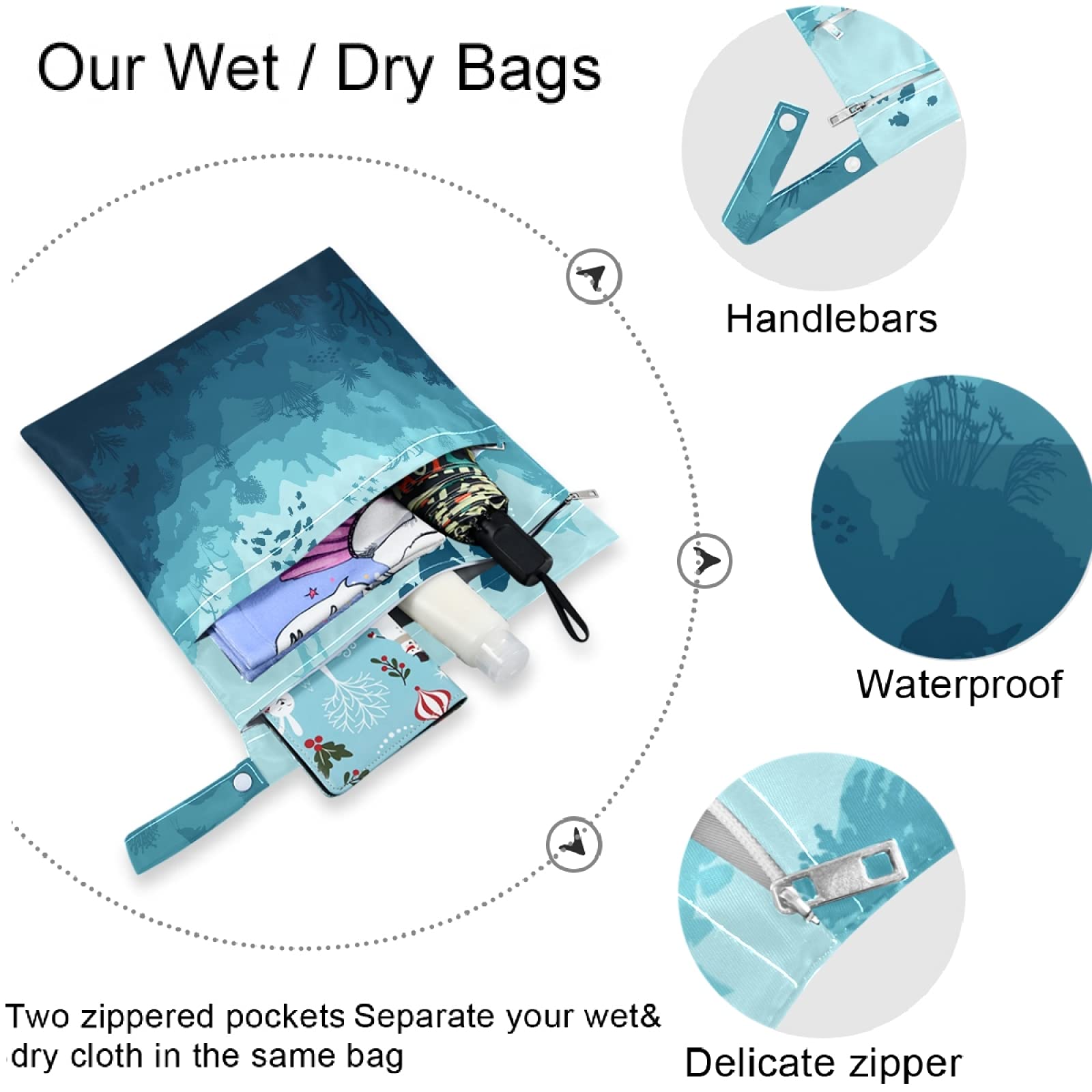 Visesunny 2-Pack Waterproof Wet Bags with Zipper Pockets - Reusable Swim Diaper Bag for Beach, Pool, Gym & Travel - Machine Washable Storage for Wet Swimsuits, Dirty Clothes & Baby Essentials - Perfect for Daycare, Stroller & Outdoor Activities
