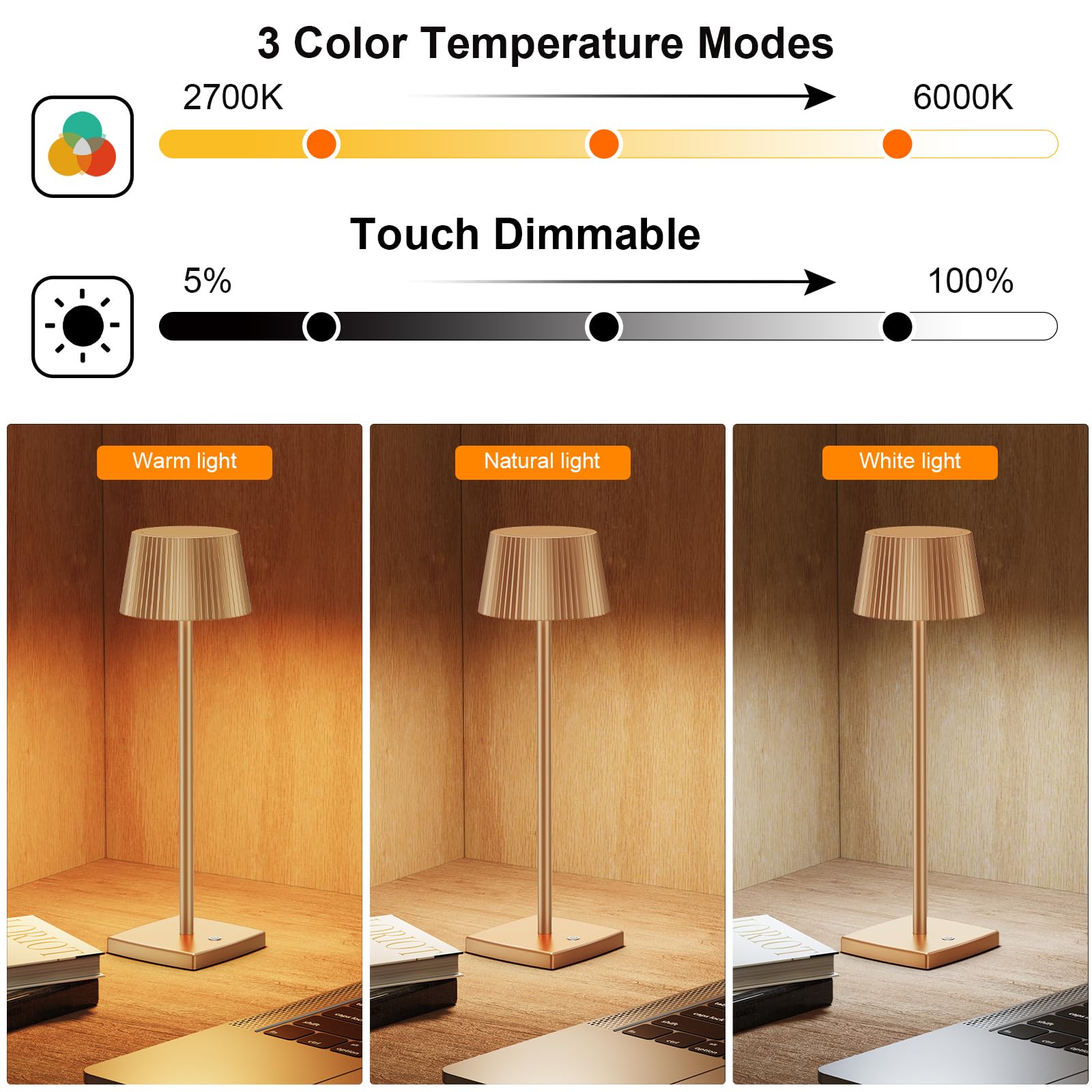2 Pack Rechargeable Cordless LED Desk Lamps - 6000mAh Battery Powered, Dimmable Stepless Lighting, Portable Table Lamp for Bedroom, Office & Night Reading (Titanium)