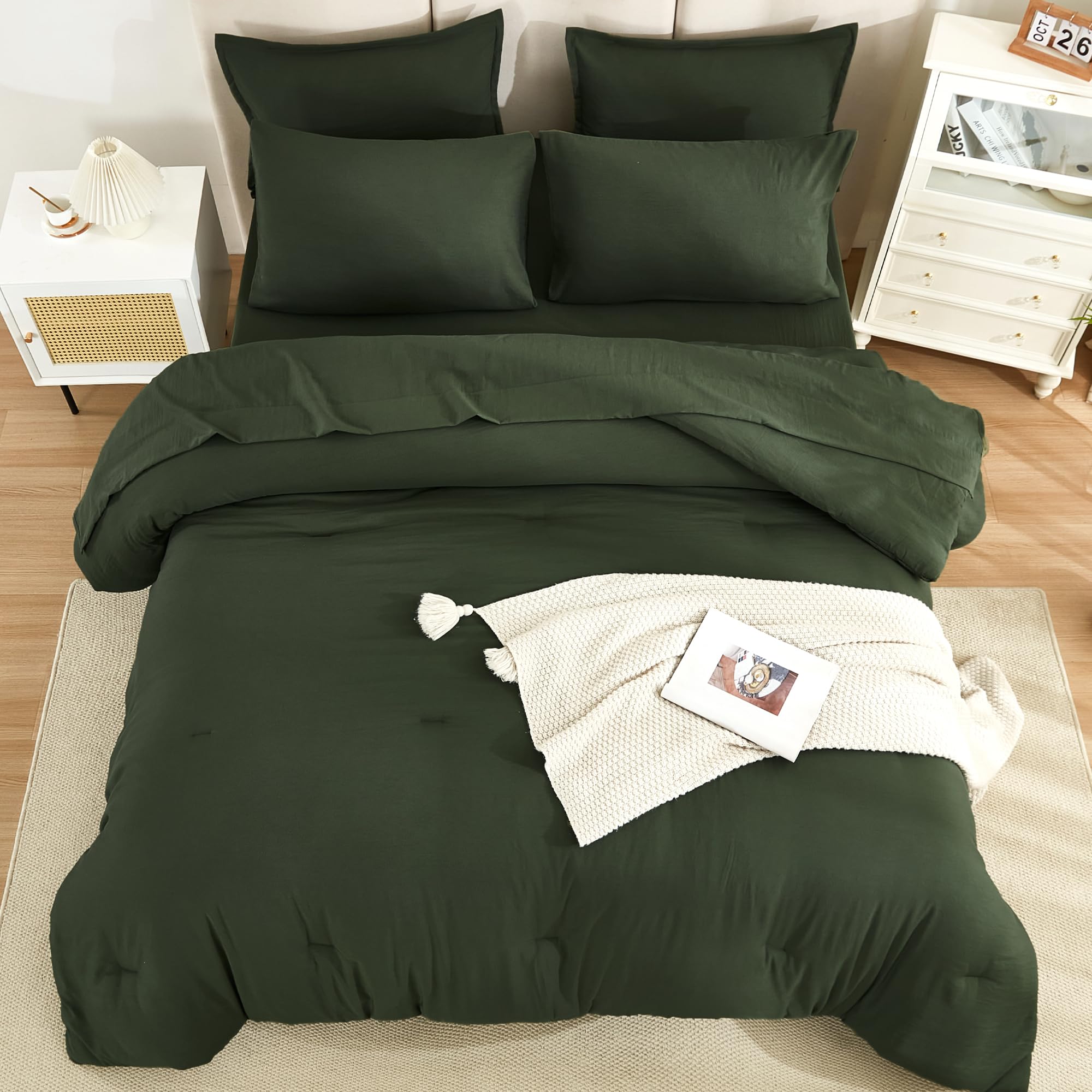 Litanika Dark Olive Green King Size Comforter Set - 7 Piece All-in-One Bedding Bundle with Lightweight Comforter, Sheets & Pillowcases | Perfect for Master Bedroom, Guest Room & Cozy Home Decor