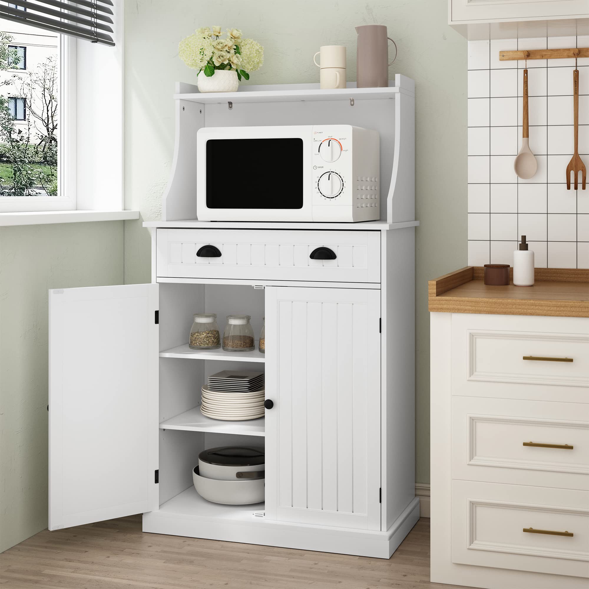 ARTPOWER 54 Inch White Kitchen Microwave Stand with Storage Drawers & Adjustable Shelves - Pantry Cabinet with Hutch for Kitchen, Dining Room, Living Room & Hallway - Perfect for Small Space Organization & Home Decor