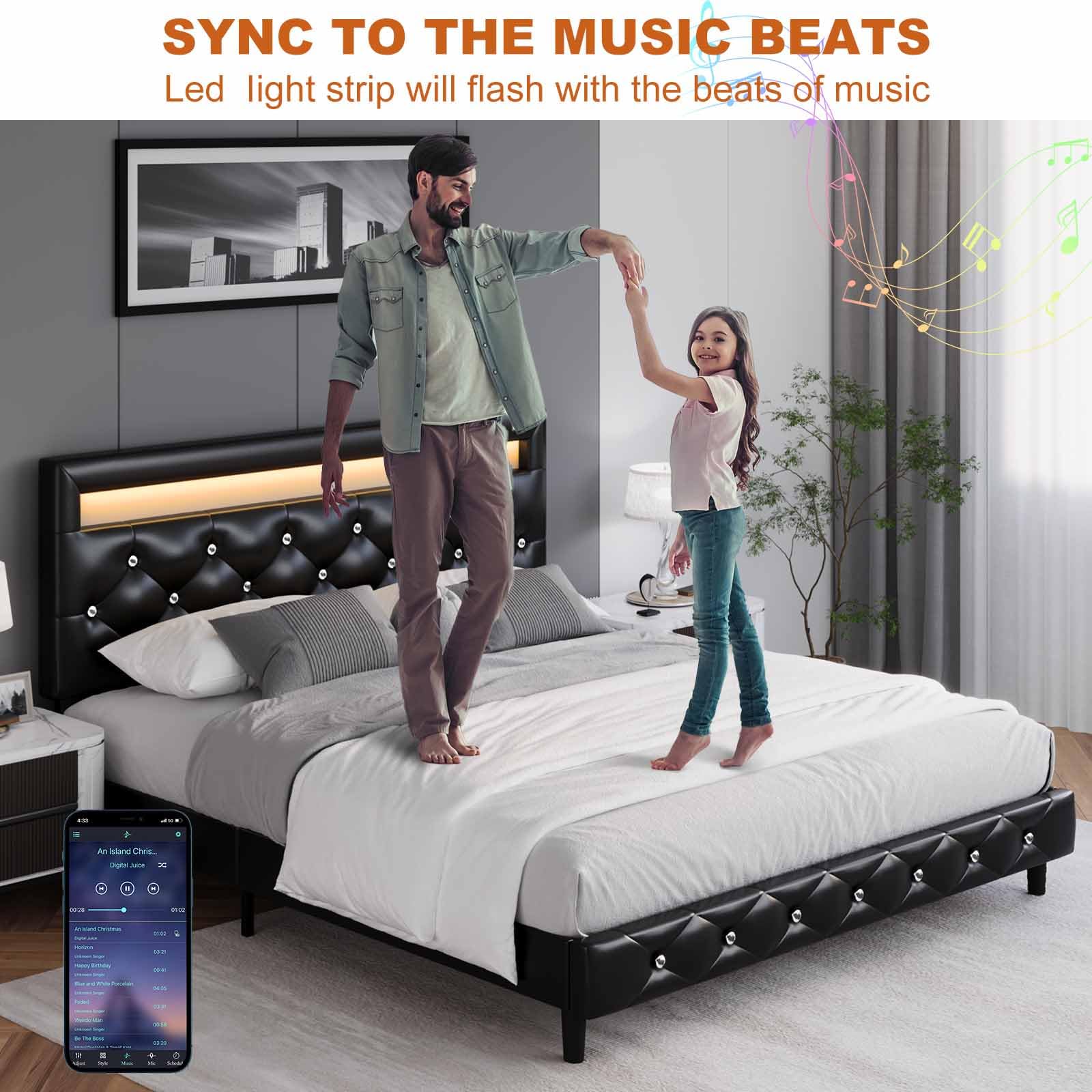 Keyluv Modern Upholstered Queen Size Bed Frame with LED Lights - Faux Leather Low Profile Platform Bed with Adjustable Crystal Button Tufted Headboard - Sturdy Wood Slat Support - Easy Assembly - Black - Perfect for Contemporary Bedrooms, Guest Rooms & Master Suites