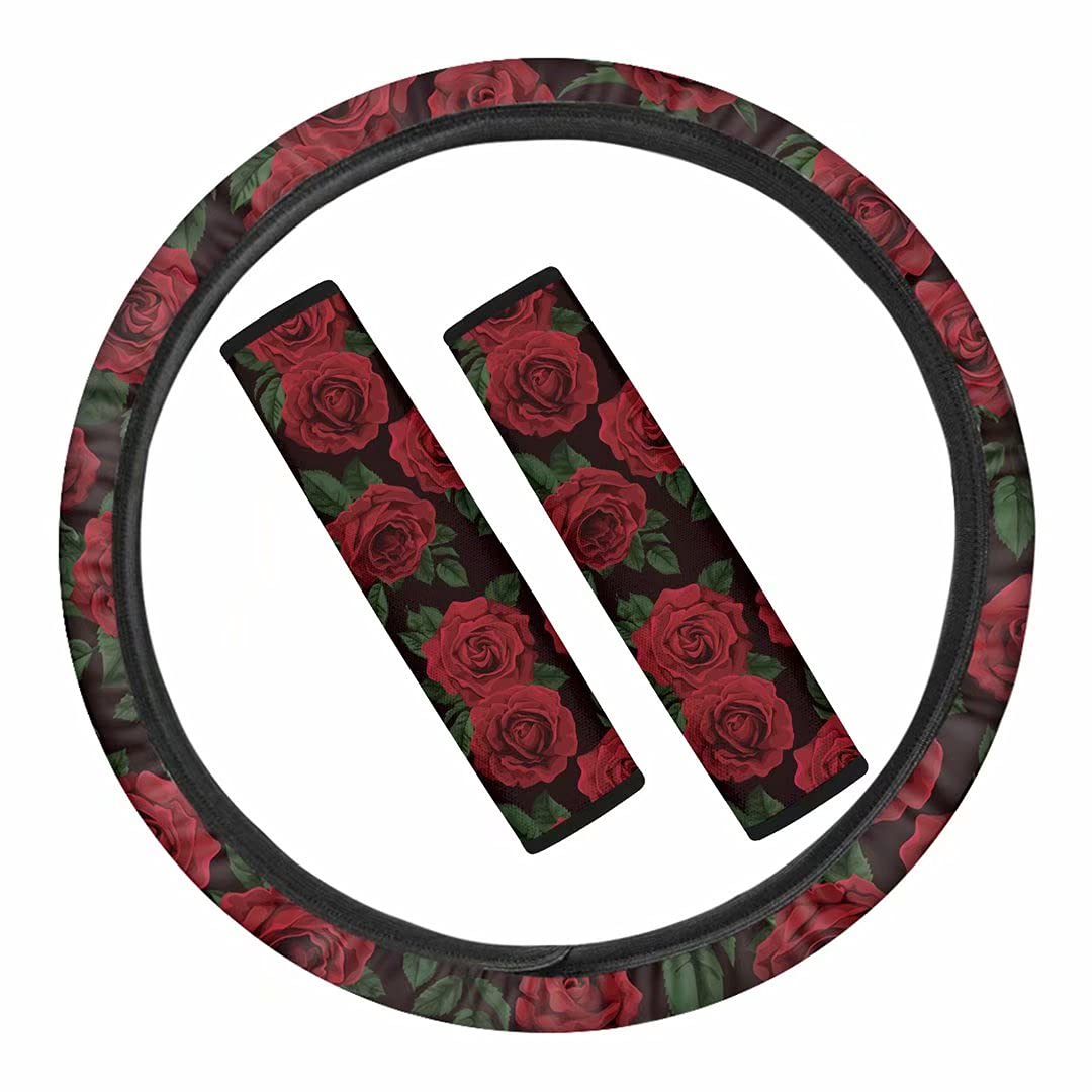 Soft & Comfortable Red Rose Print Car Steering Wheel Cover & Seat Belt Pads Set of 3 - Universal Fit for Cars, SUVs & Trucks - Enhance Driving Comfort & Protect Hands (Perfect for Daily Commute, Road Trips & Gift Giving)