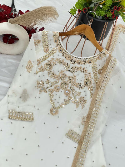Royal White Georgette Gold Sequins Sharara Suit Set for Women - Elegant Indian Party Wear for Weddings, Festivals & Special Occasions