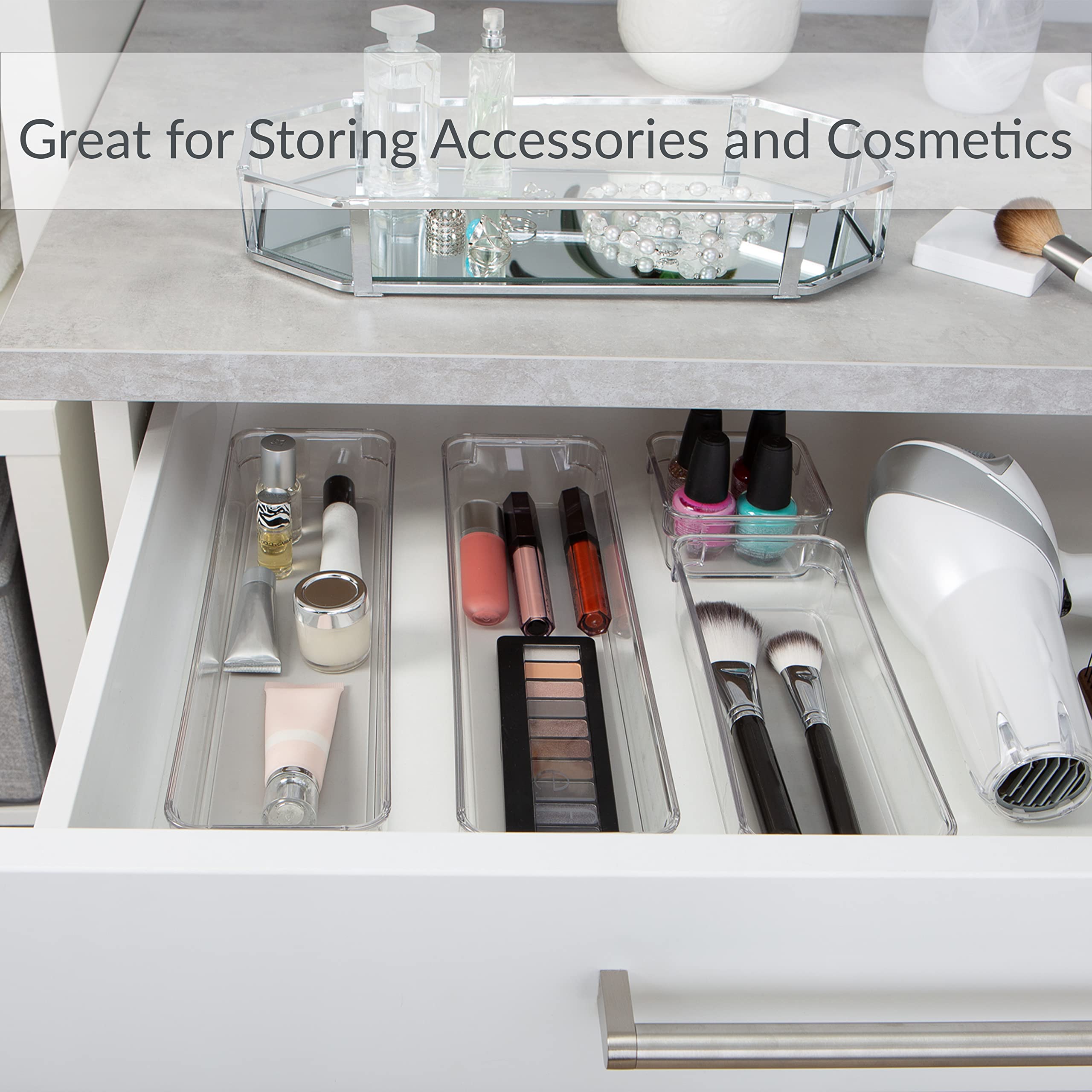4-Piece Multipurpose Drawer Organizers Set for Bathroom, Vanity, Kitchen - Clear Plastic Storage Bins for Cosmetics, Jewelry & Utensils - Perfect for Home Organization and Space Saving