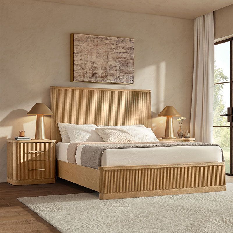 Modern Fluted Solid Wood Bedroom Set with Oak Texture - 3 Piece Queen Size Bed, Nightstand & Dresser | Elegant Bedroom Furniture for Master Suite, Guest Room & Apartment