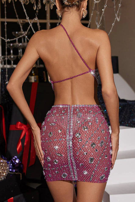 Elegant Pink Rhinestone Mesh Mini Dress - Backless Party Dress for Women | Perfect for Evening Events, Cocktail Parties & Night Out