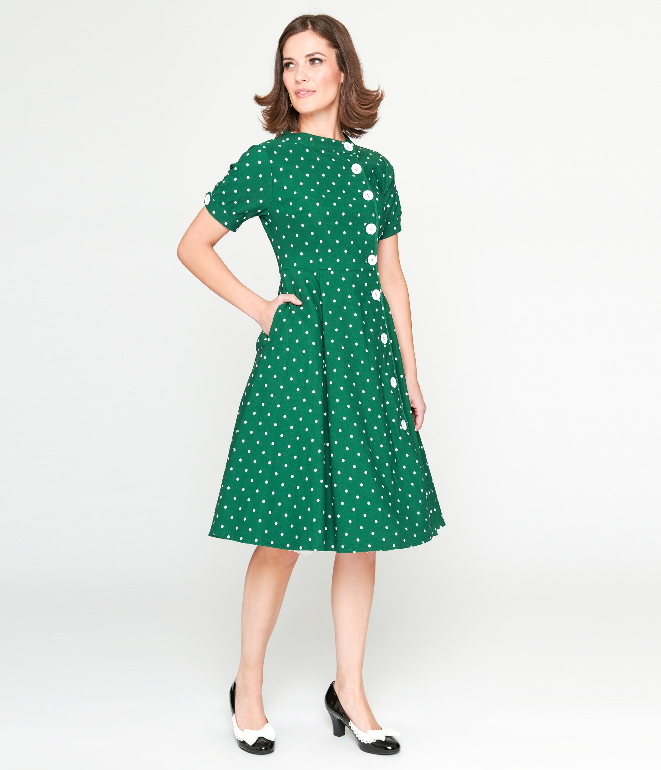 Vintage 1950s Green & White Polka Dot Button Down Swing Dress - Retro A-Line Cocktail Dress for Women, Perfect for Parties, Weddings & Special Occasions