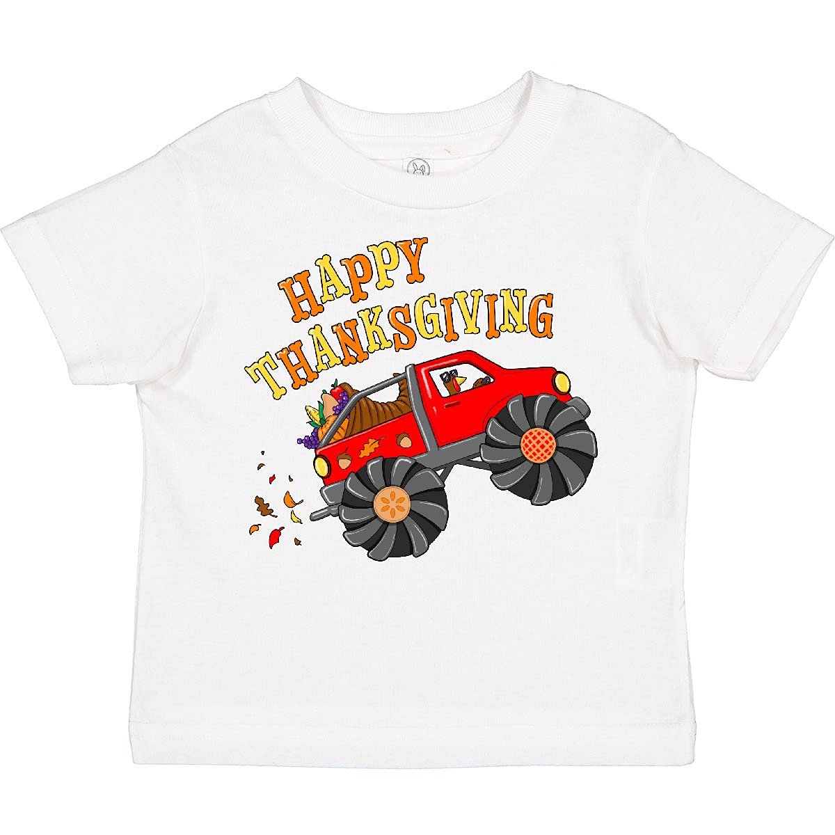 Happy Thanksgiving Monster Truck with Turkey & Food Toddler T-Shirt | Cute Holiday Outfit for Boys & Girls | Thanksgiving Family Gathering & Festive Party Wear