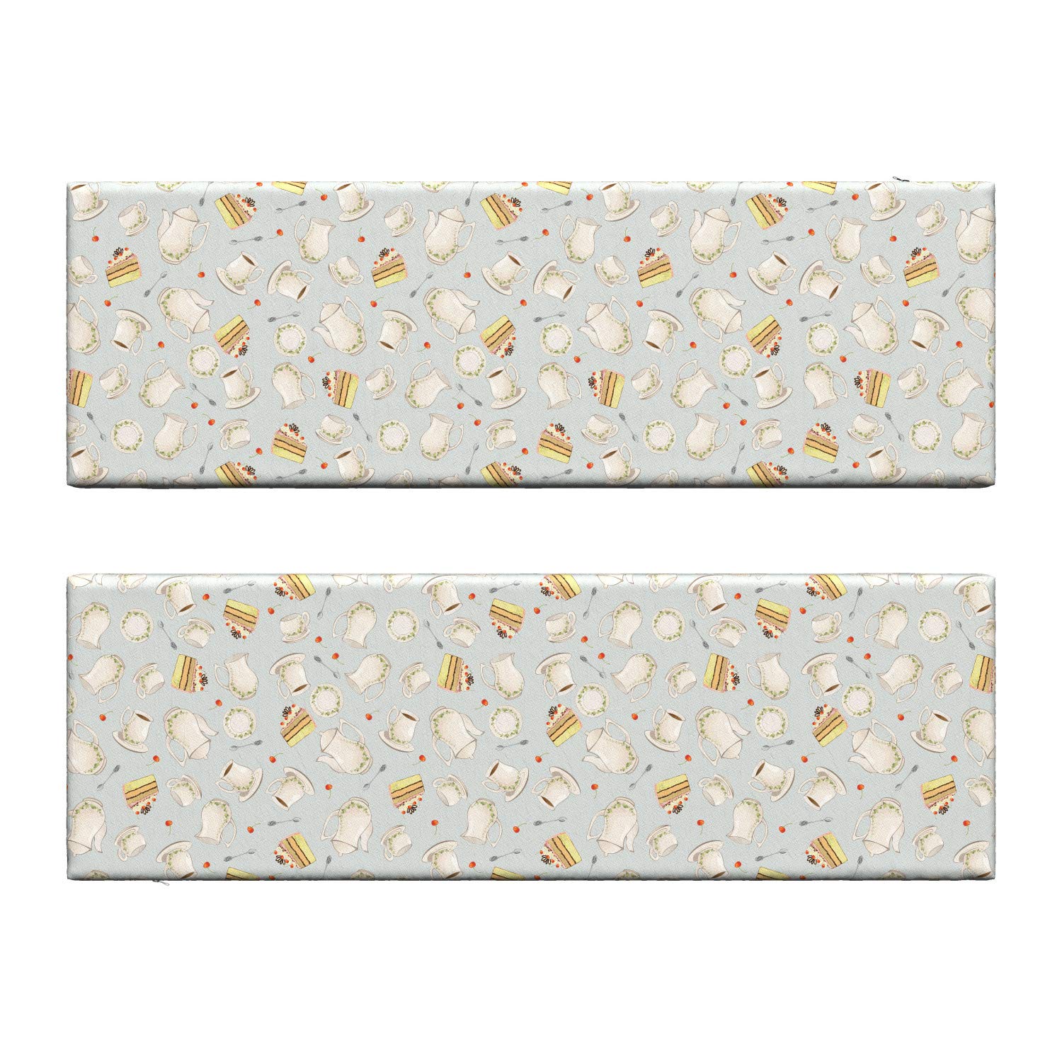 Ambesonne Tea Party Bench Cushion Set of 2 - Coffee Pot Teapot Design with Spoons, Plates & Cake Slices - 45x15x2 Inch Standard Size Foam Seat Pad - Blue Grey Red Green Pattern - Perfect for Garden Benches, Patio Furniture & Indoor Decor
