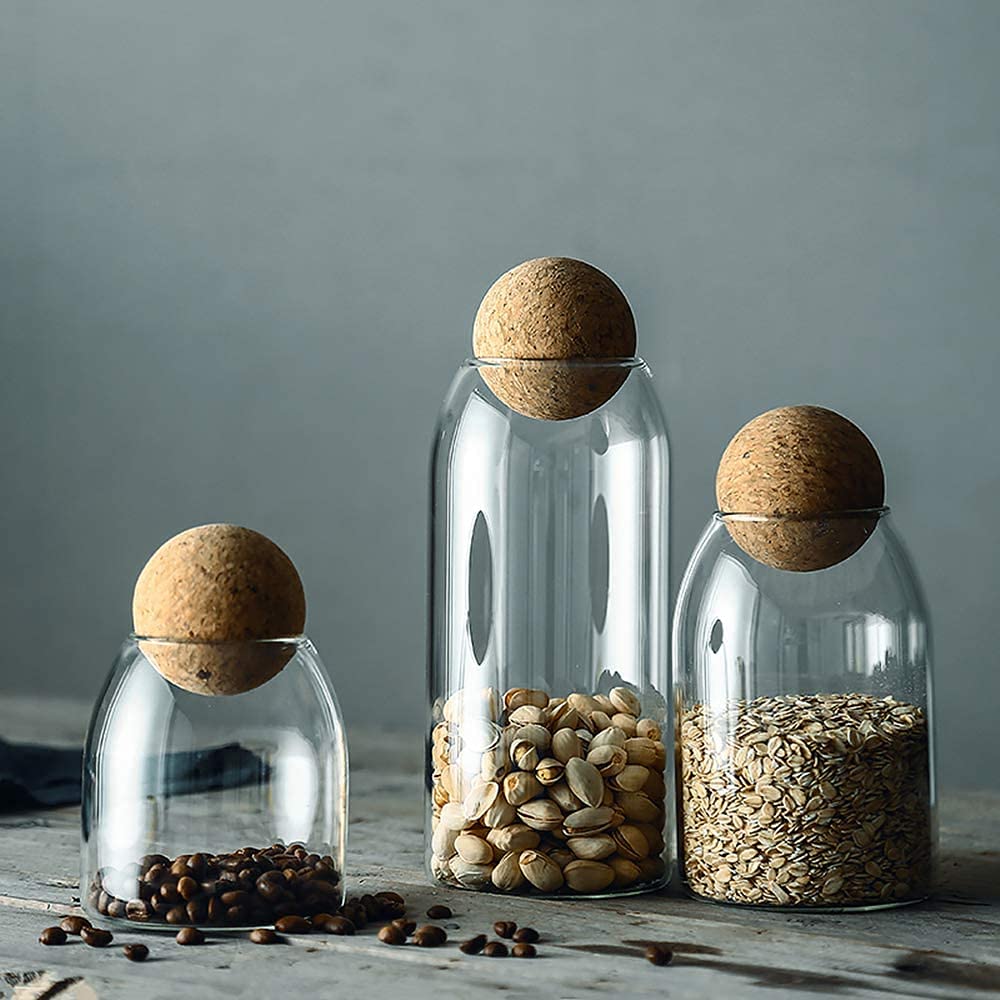 Glass Jars with Cork Stoppers - Set of 3 Airtight Spice Storage Containers for Tea, Coffee, Sugar & Nuts | Perfect for Kitchen Pantry Organization & DIY Herb Storage