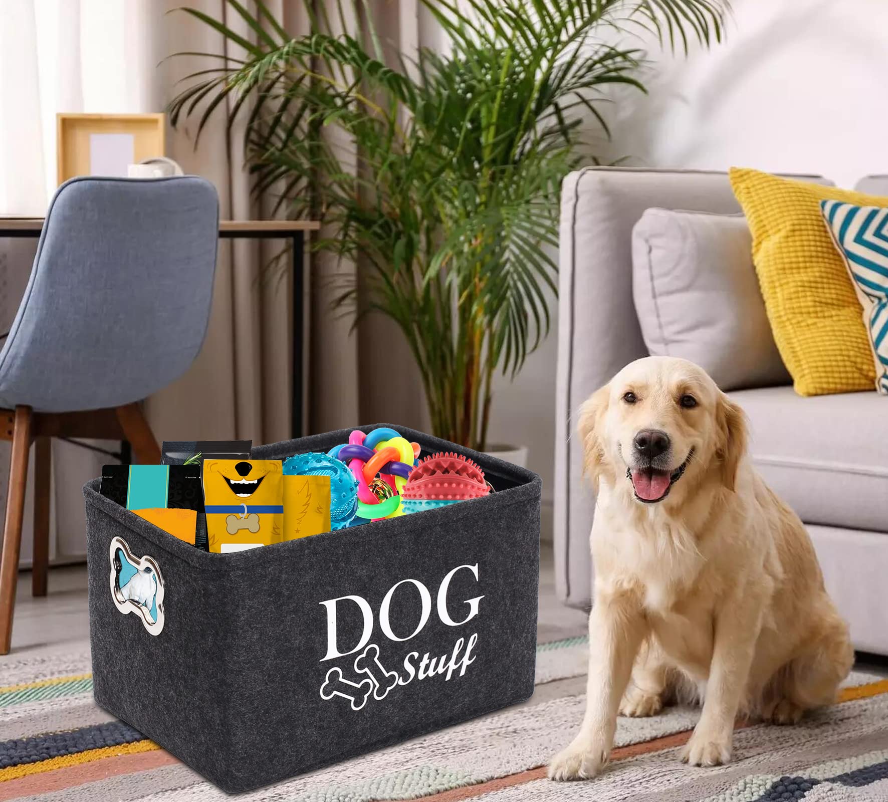 Durable Felt Pet Toy Storage Basket with Metal Bone-Shaped Handle - Large Dog Toy Organizer for Toys, Blankets, Leashes - Perfect for Living Room, Bedroom & Pet Play Area (Dark Grey)