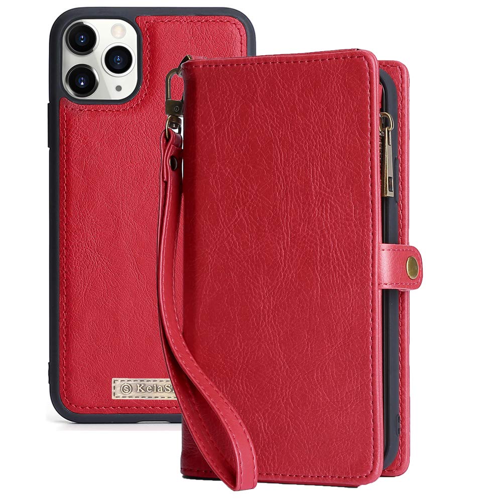 Premium KelaSip Leather Wallet Case for iPhone 11 Pro - Magnetic Detachable Card Holder with Buckle (Red) | Slim Protective Phone Cover with RFID Blocking | Perfect for Travel, Work & Everyday Use