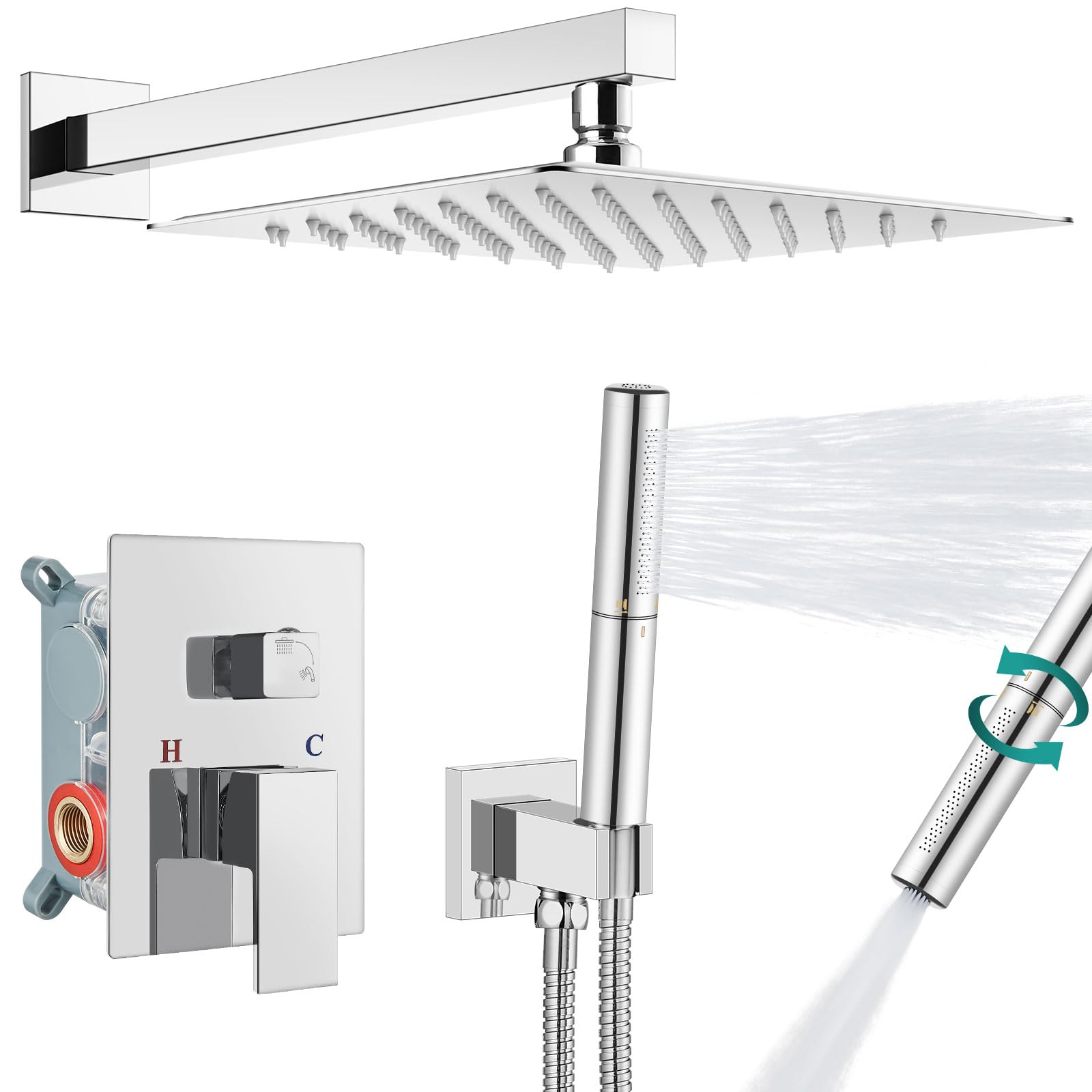 Aolemi 10 Inch High Pressure Rainfall Shower System - 2 in 1 Wall Mount Shower Head with Handheld Spray, Polished Chrome Shower Faucet Set for Luxurious Bathroom Experience | Perfect for Master Bath, Spa-Like Showers & Modern Home Renovations