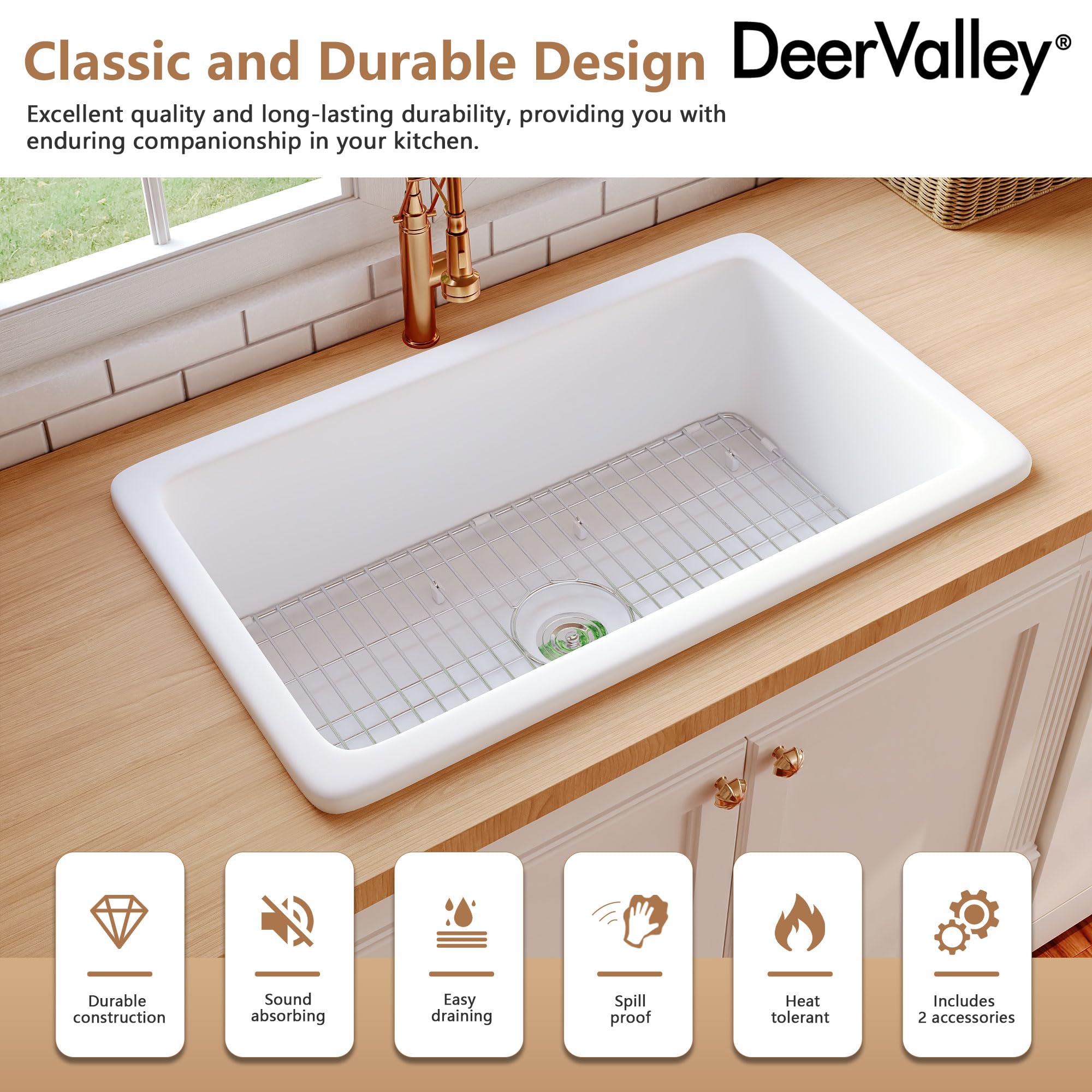 DeerValley Fireclay White Undermount Kitchen Sink - 32 x 19 Inch Single Bowl Farmhouse Sink with Grid & Basket Strainer - Perfect for Modern Farmhouse, Rustic, and Traditional Kitchen Designs