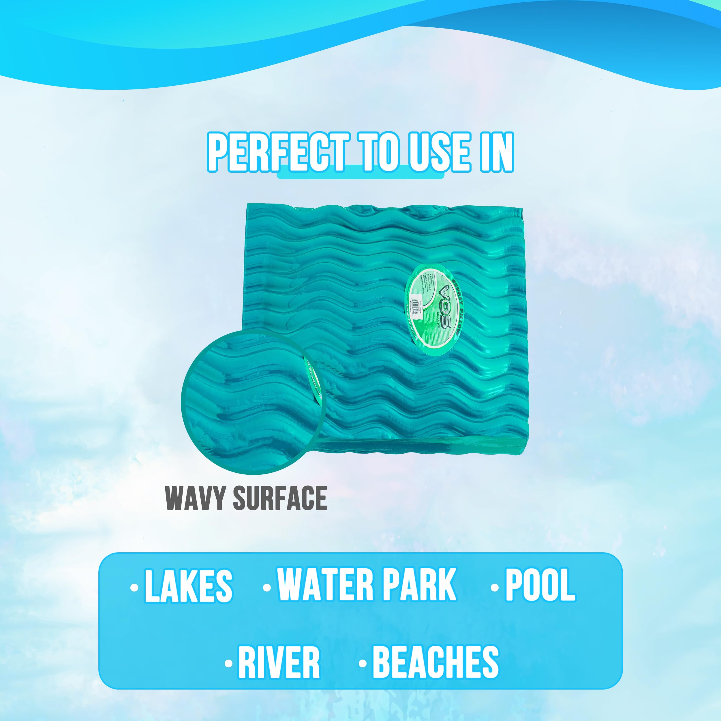 VOS Waterproof Pillow - Ultra Soft & Durable Hypoallergenic Pillow for Beach, Camping, Pool & Outdoor Use - Seafoam Square Pillow for Lounging, Travel & Water Activities