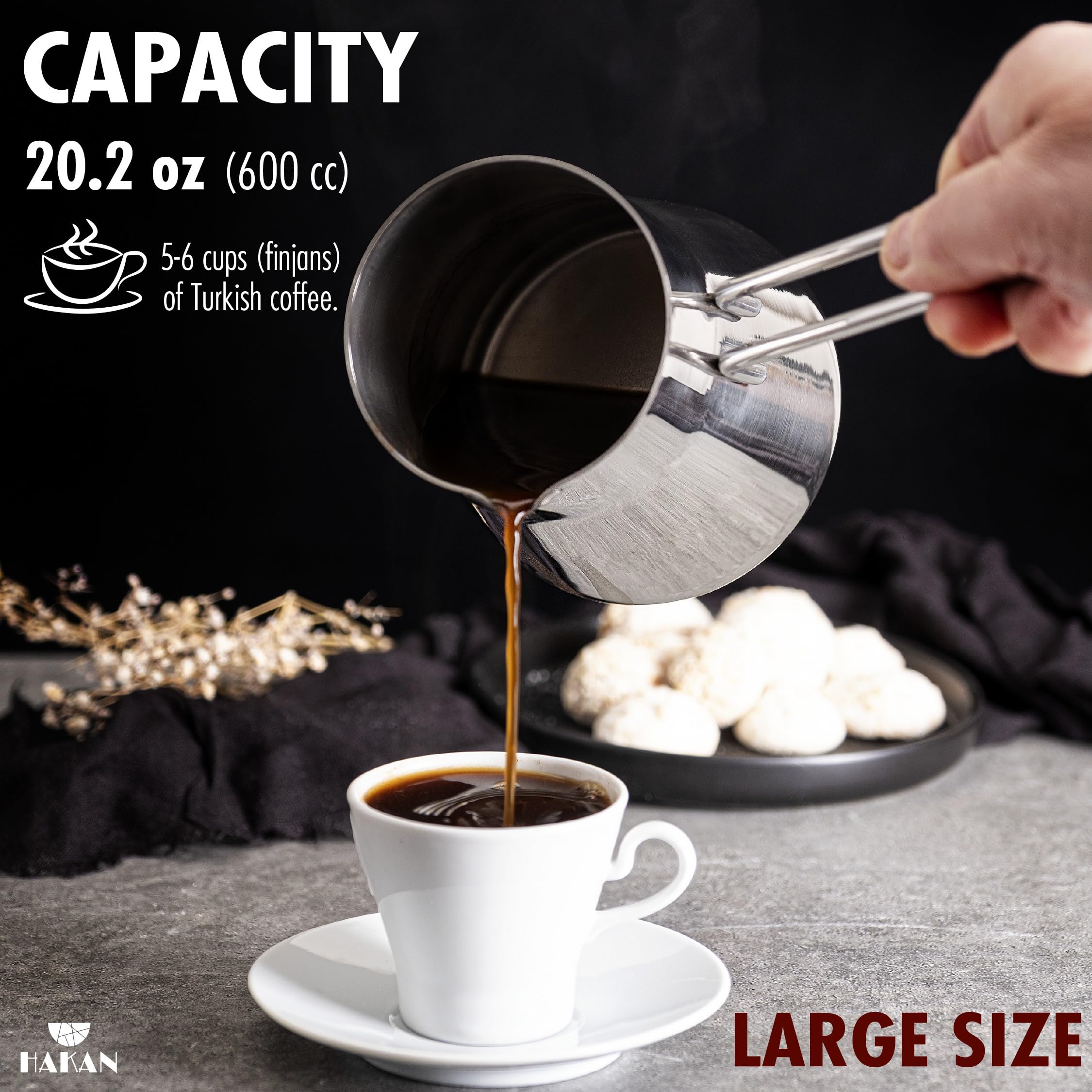 Premium Stainless Steel Turkish Coffee Pot - 20.2 Oz (600ml) Large Cezve Ibrik for Stovetop Brewing - Authentic Greek Arabic Coffee Maker with Pour Spout & Ergonomic Handle - Perfect for Turkish Coffee, Chai Tea & Milk Warming at Home or Cafe