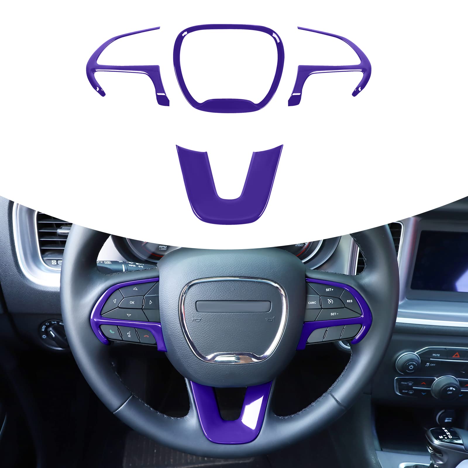 Voodonala ABS Purple Steering Wheel Trim Kit - Compatible with 2015-2022 Dodge Challenger/Charger, 2014-2022 Dodge Durango & Jeep Grand Cherokee SRT8 (4-Piece Set) - Upgrade Interior & Enhance Grip for Sporty Driving