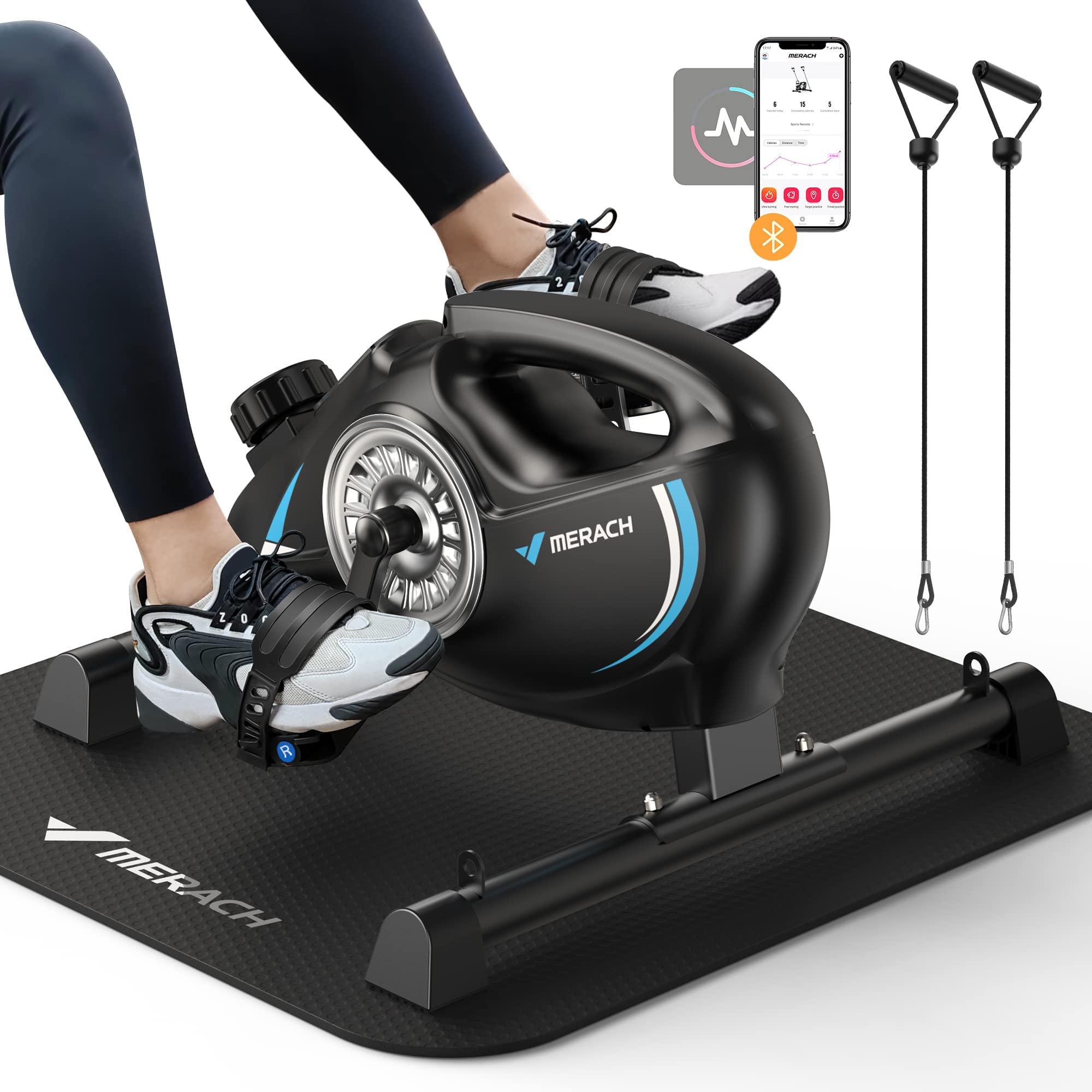 MERACH Under Desk Bike Pedal Exerciser - Quiet Magnetic Mini Exercise Bike with App for Arm & Leg Recovery, Physical Therapy - Smooth Foot Desk Cycle with 2 Resistance Bands & Non-Slip Mat - Perfect for Office Workouts, Home Fitness & Rehabilitation