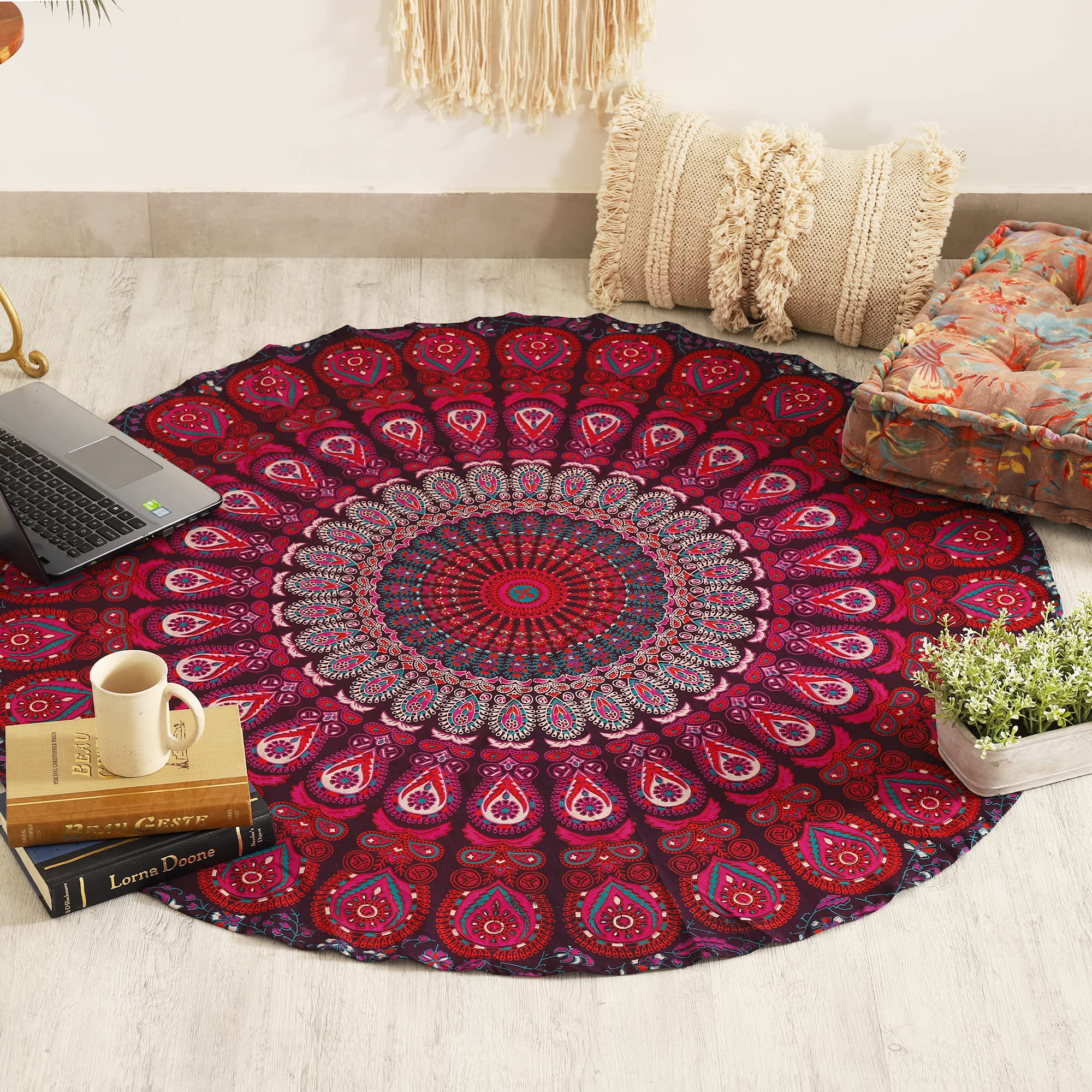 Bohemian Mandala Tapestry Wall Hanging - 50 Inch Round Ombre Hippie Decor, Indian Handmade Cotton Tablecloth for Bedroom, Living Room & Outdoor Festival (Purple, 127cm) - Perfect for Meditation Spaces, Dorm Rooms & Boho Home Decor