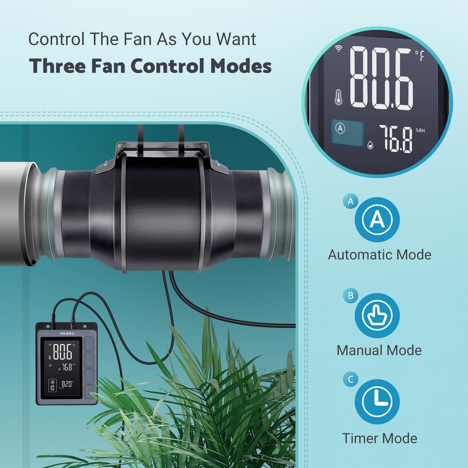 6 Inch Smart Inline Duct Fan with Temperature & Humidity Controller - IVC 001W for Home Ventilation, Grow Tents, and HVAC Systems
