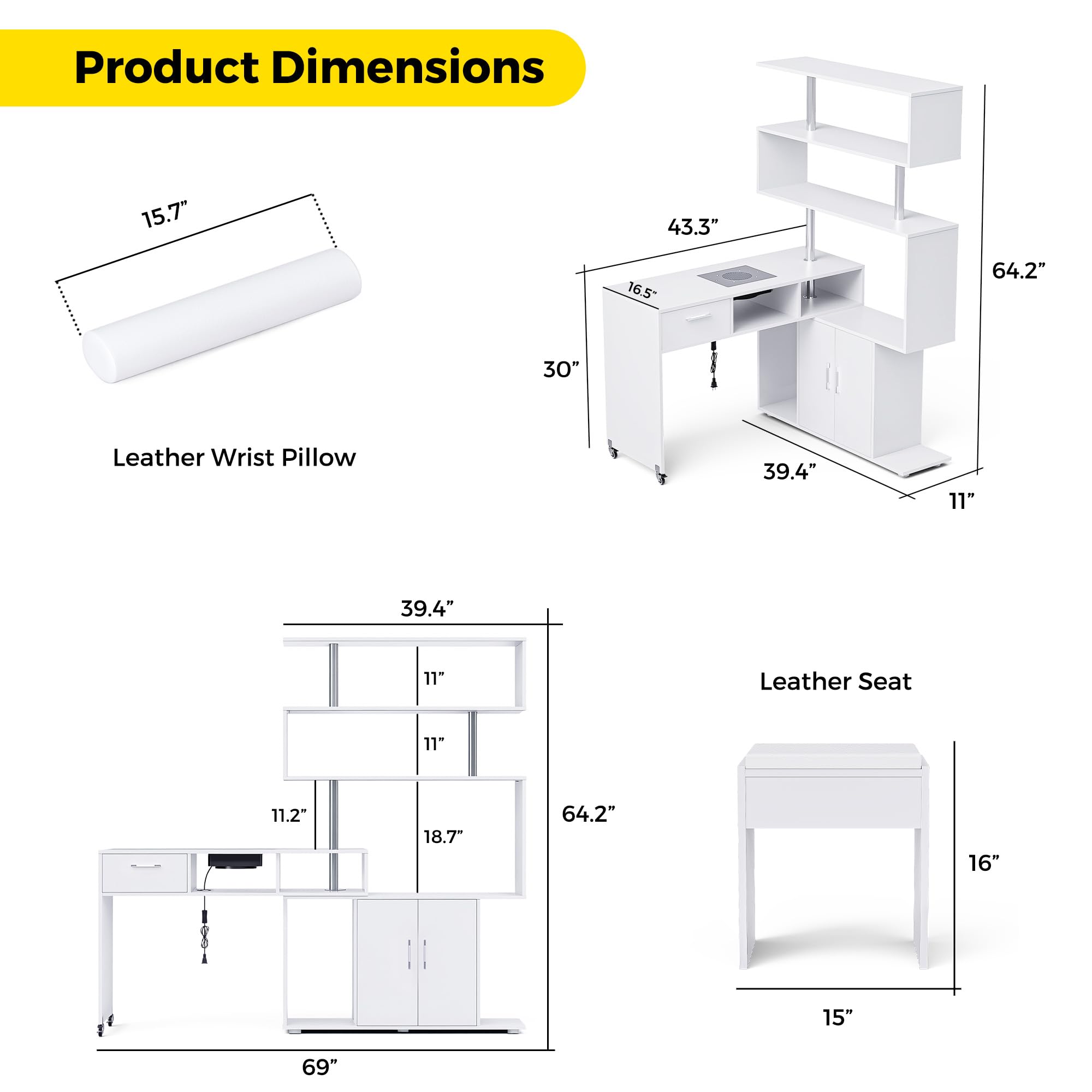 Professional L-Shaped Manicure Table with Built-in Dust Collector, Rotating Reversible Nail Tech Desk with Stool, 2-Way Drawers & Storage Shelves - Mobile Manicure Workstation on Wheels (White) - Perfect for Nail Salons, Home Studios & Professional Nail Technicians