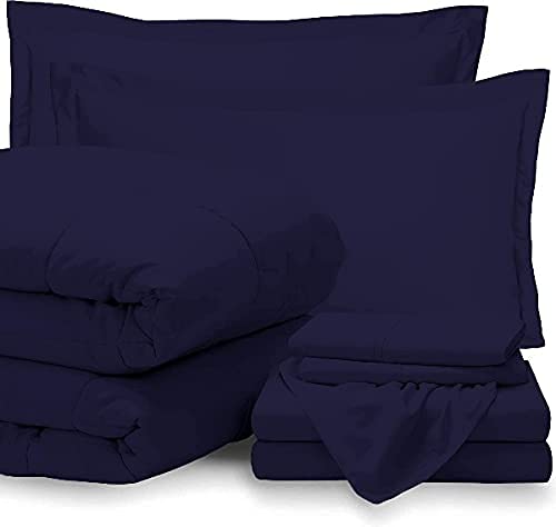 **King Size 7-Piece Bed-in-A-Bag Comforter Set - 100% Cotton 600TC, Navy Blue, Includes Comforter, Flat Sheet, Fitted Sheet (18