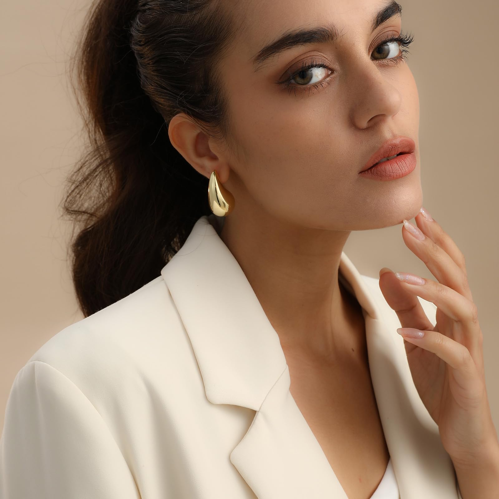 Fissen 32mm Lightweight Gold Teardrop Earrings for Women - Hypoallergenic 925 Sterling Silver Chunky Hoop Earrings | Elegant Everyday Jewelry, Perfect for Office, Date Night & Special Occasions