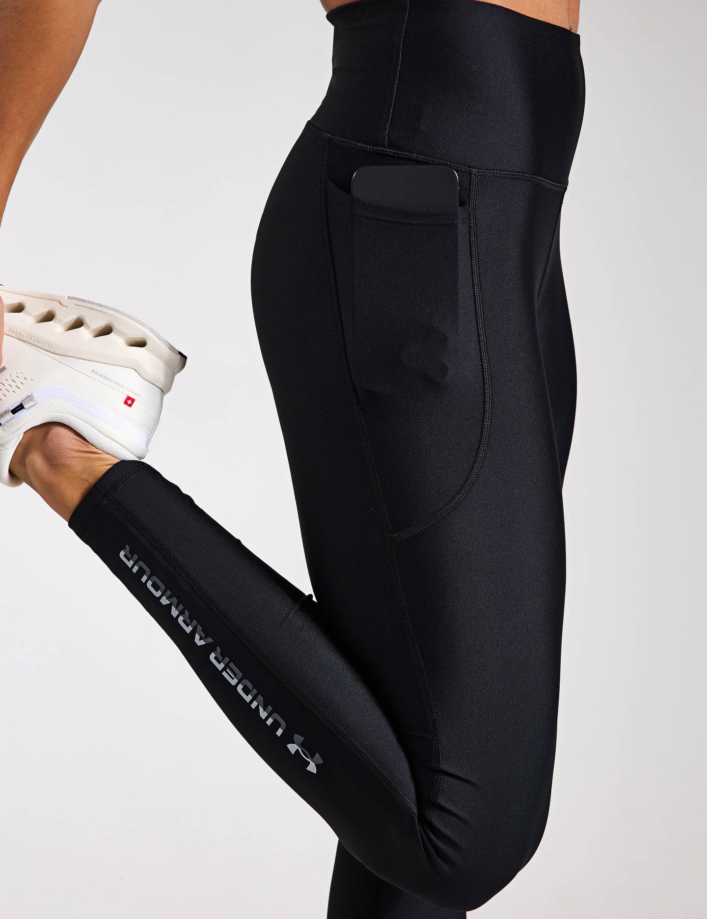 UA Tech Branded Leggings for Women - Black/Mod Grey - High Waist Yoga Pants for Running, Workout & Gym