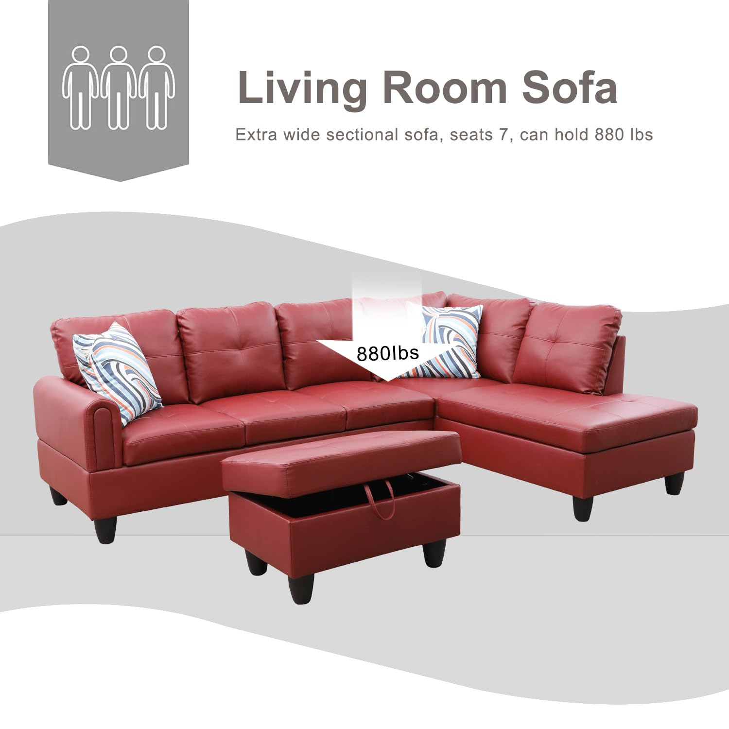 Modern L-Shaped Faux Leather Sectional Sofa Set with Ottoman - Right Hand Facing Red Living Room Couch for Small Spaces | Perfect for Apartments, Home Theater & Family Gatherings