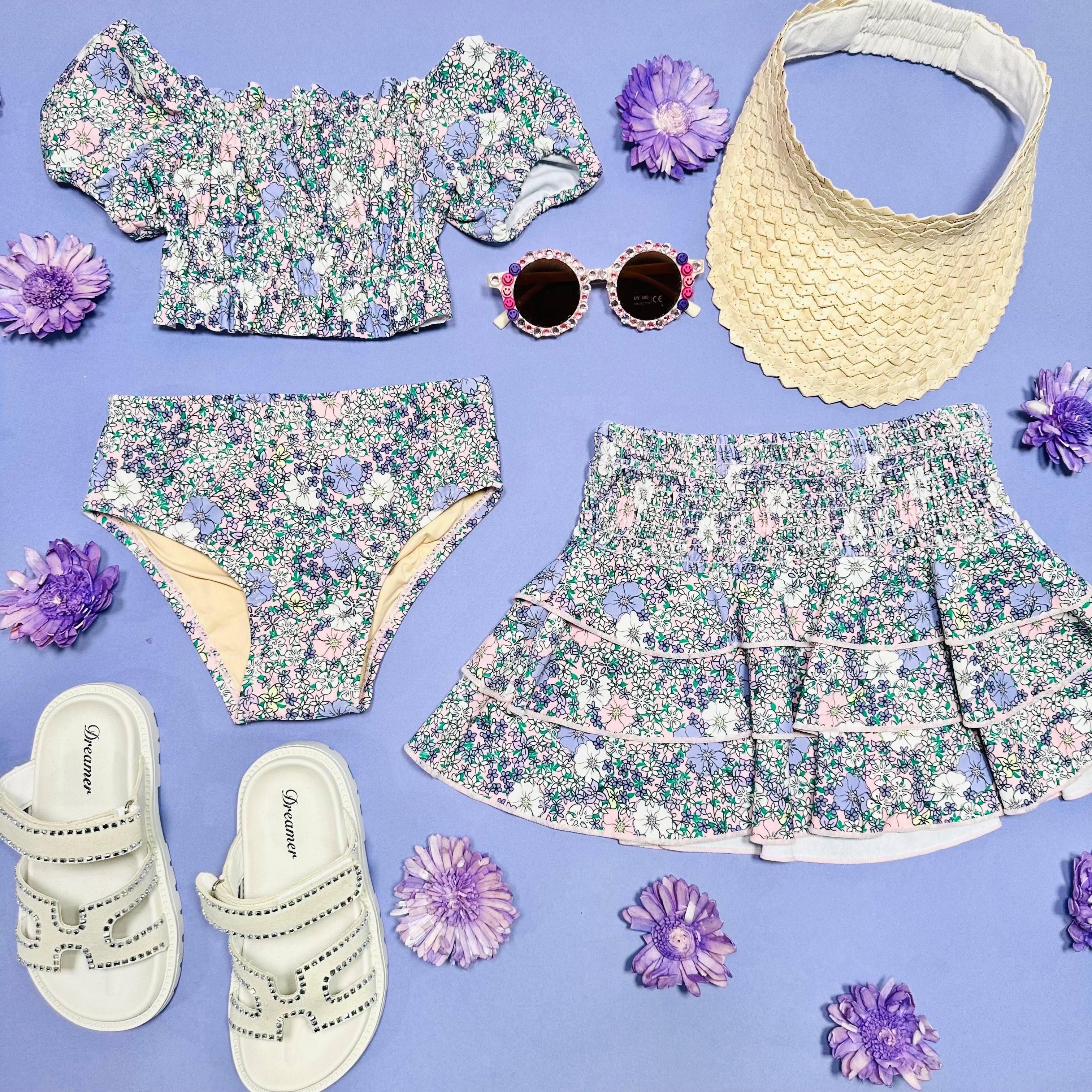 Floral Print Puff Sleeve Bikini Set - Women's Two Piece Swimwear for Beach Vacation & Pool Party